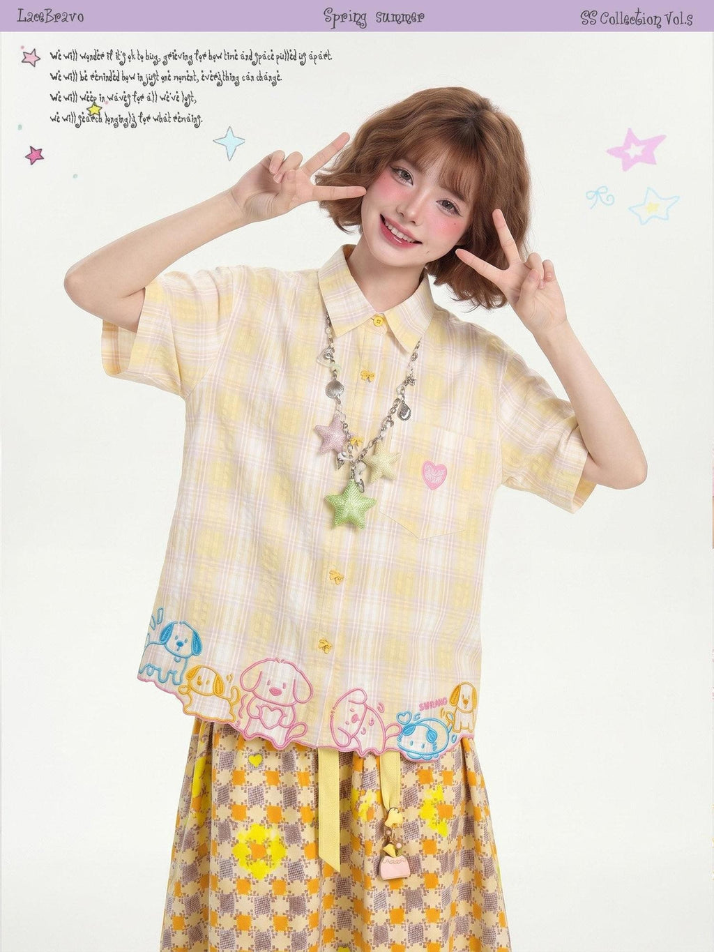 LaceBravo Korean Plaid Embroidered Loose Fit Women's Cotton Short Sleeve T-shirts