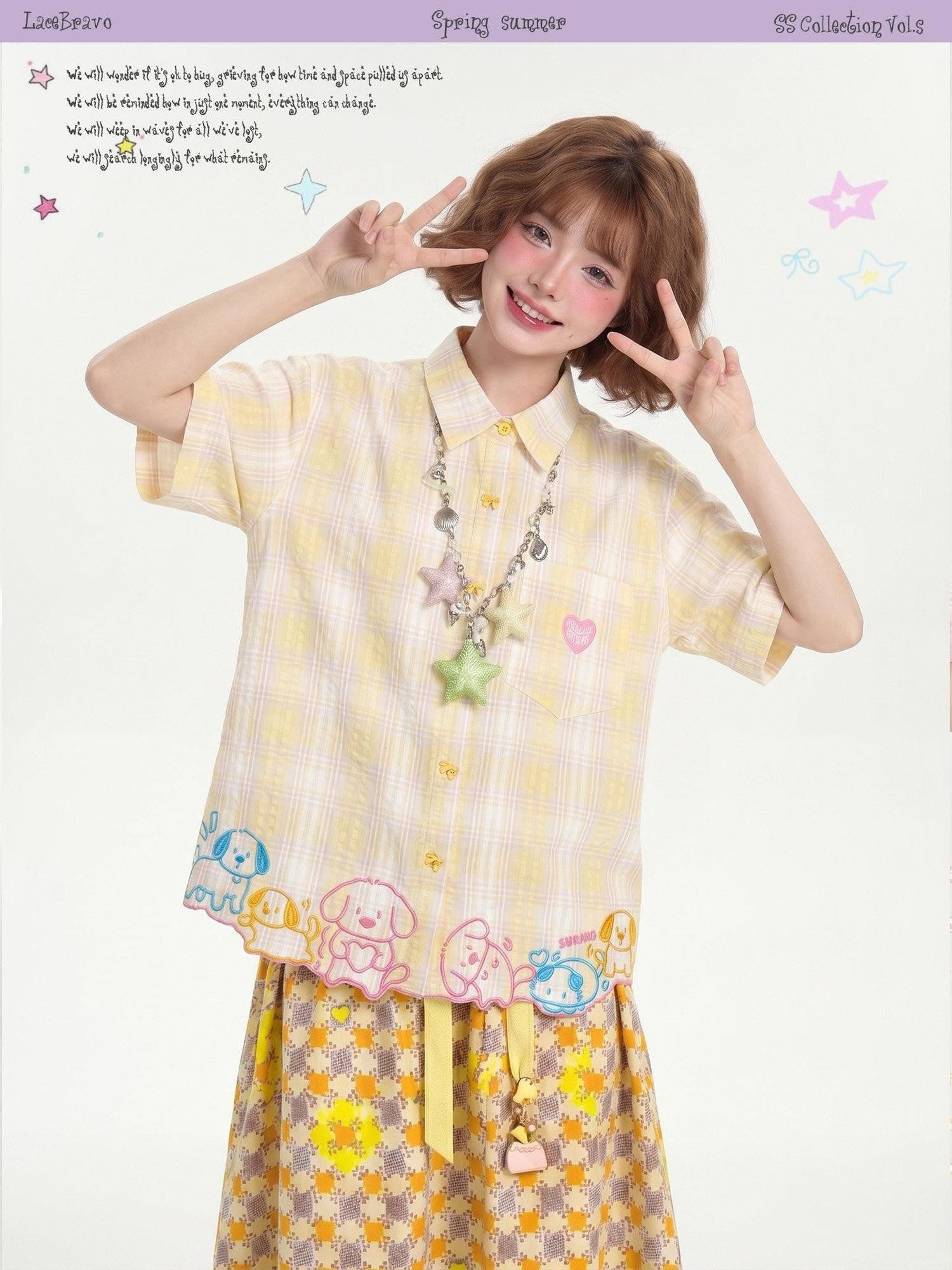 LaceBravo Korean Plaid Embroidered Loose Fit Women's Cotton Short Sleeve T-shirts