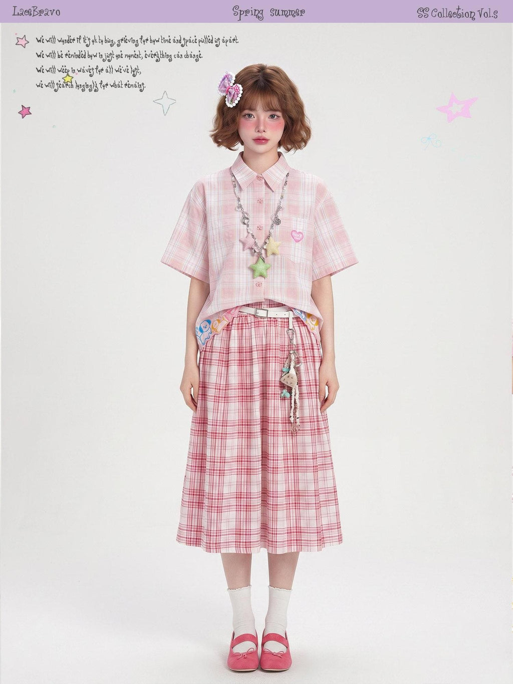 LaceBravo Korean Plaid Embroidered Loose Fit Women's Cotton Short Sleeve T-shirts