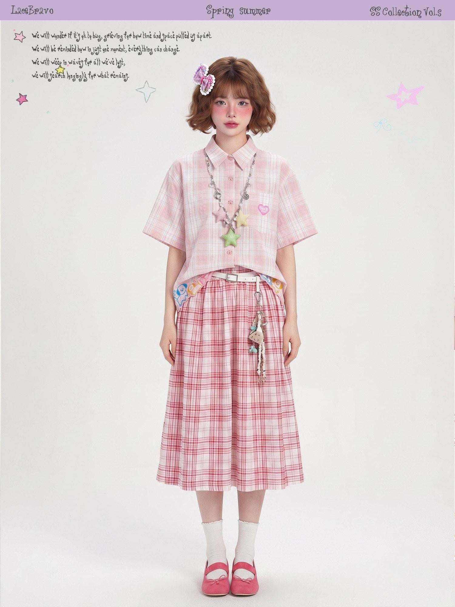 LaceBravo Korean Plaid Embroidered Loose Fit Women's Cotton Short Sleeve T-shirts