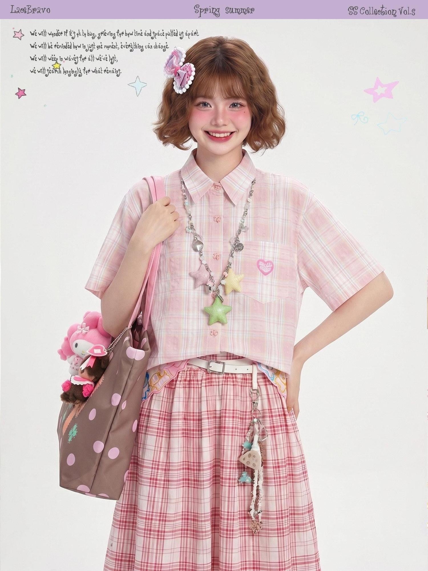 LaceBravo Korean Plaid Embroidered Loose Fit Women's Cotton Short Sleeve T-shirts