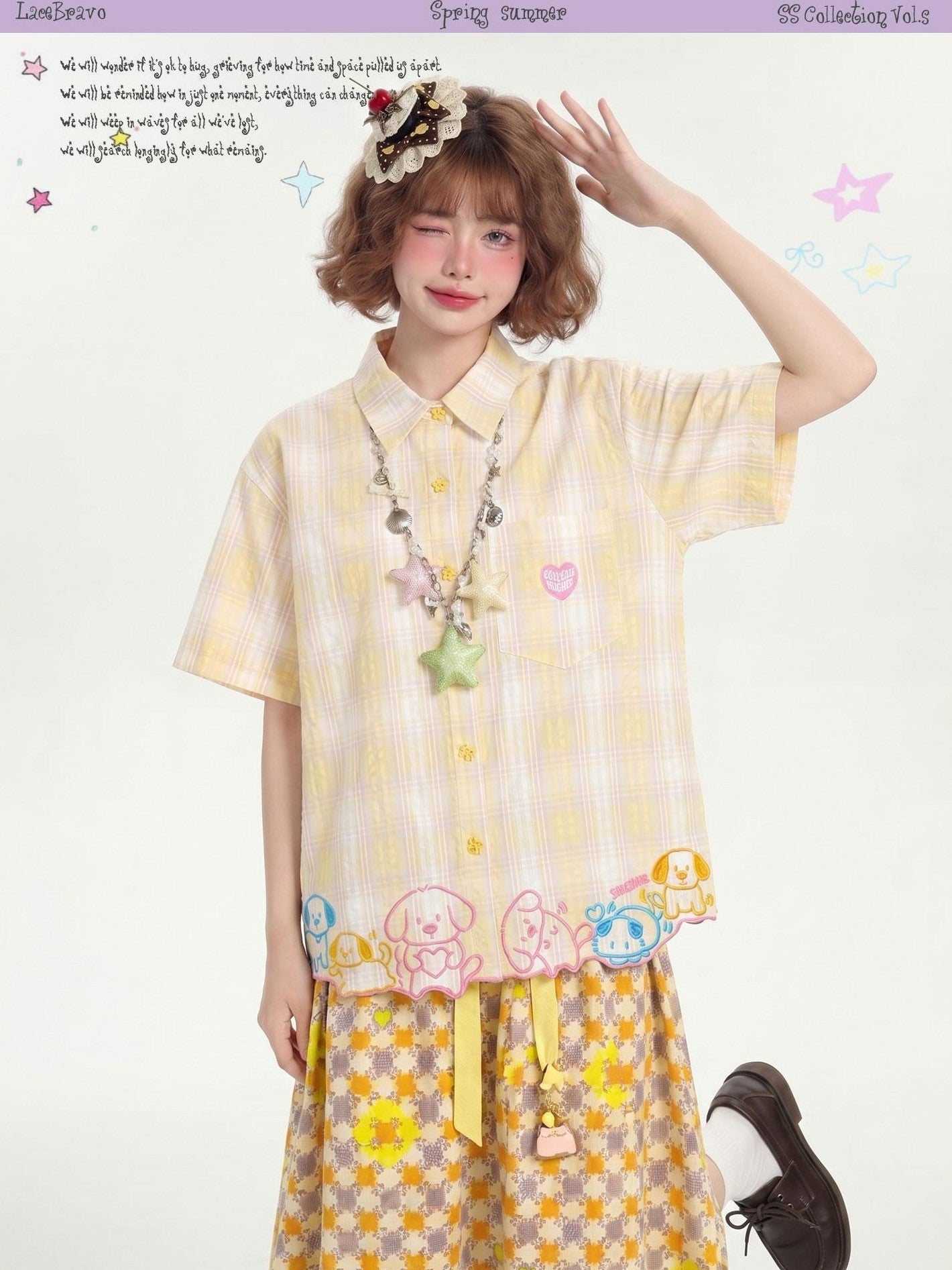LaceBravo Korean Plaid Embroidered Loose Fit Women's Cotton Short Sleeve T-shirts