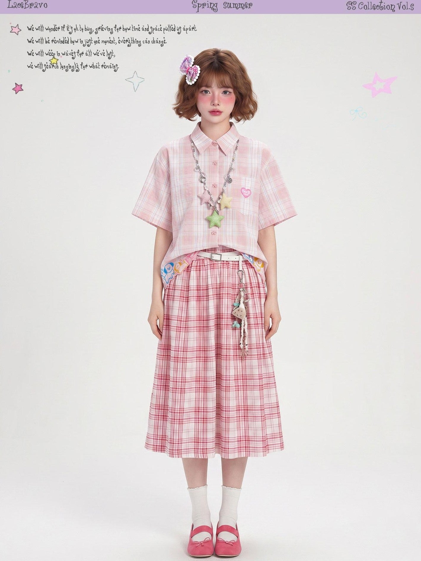 LaceBravo Korean Plaid Embroidered Loose Fit Women's Cotton Short Sleeve T-shirts