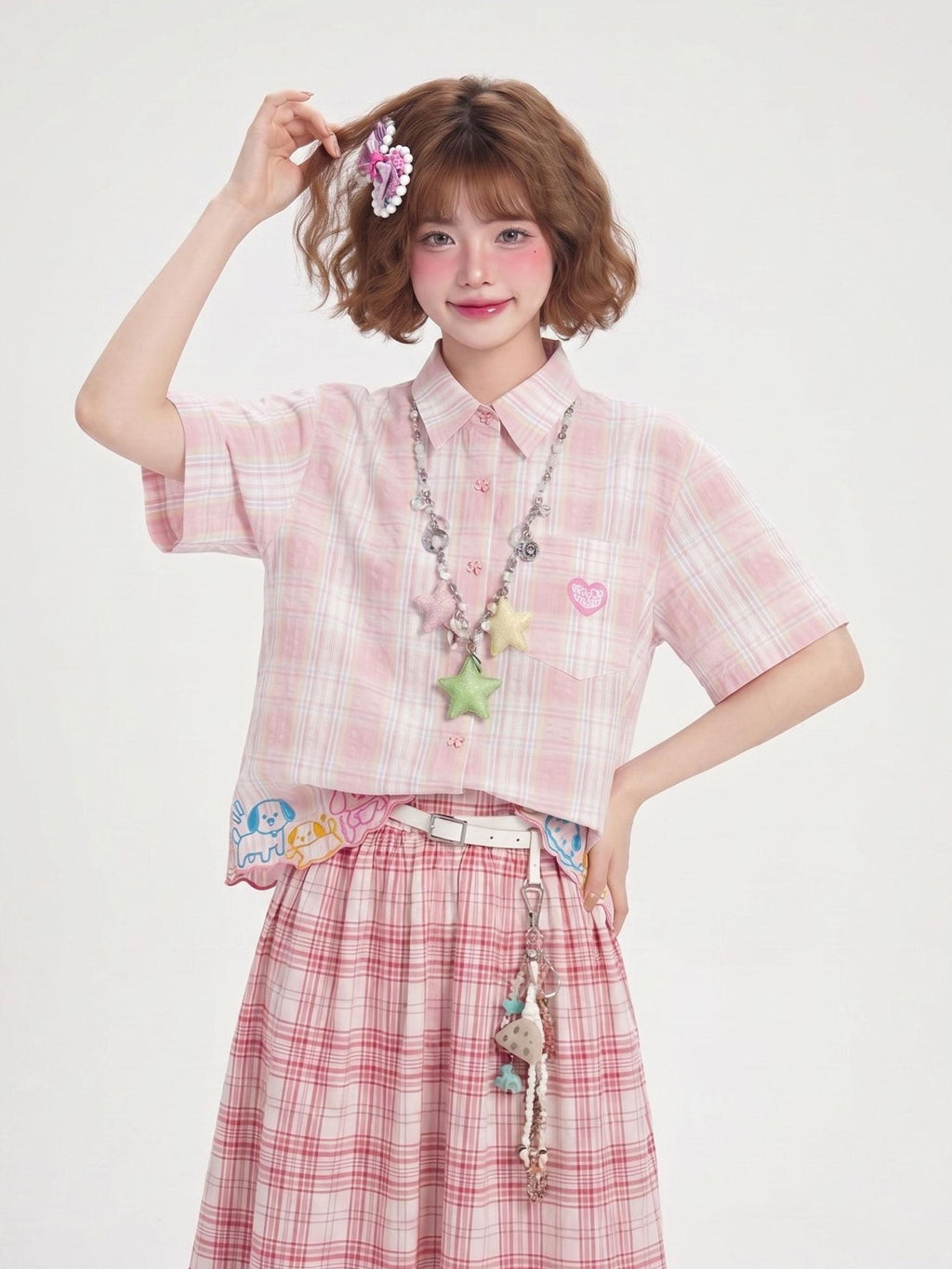LaceBravo Korean Plaid Embroidered Loose Fit Women's Cotton Short Sleeve T-shirts