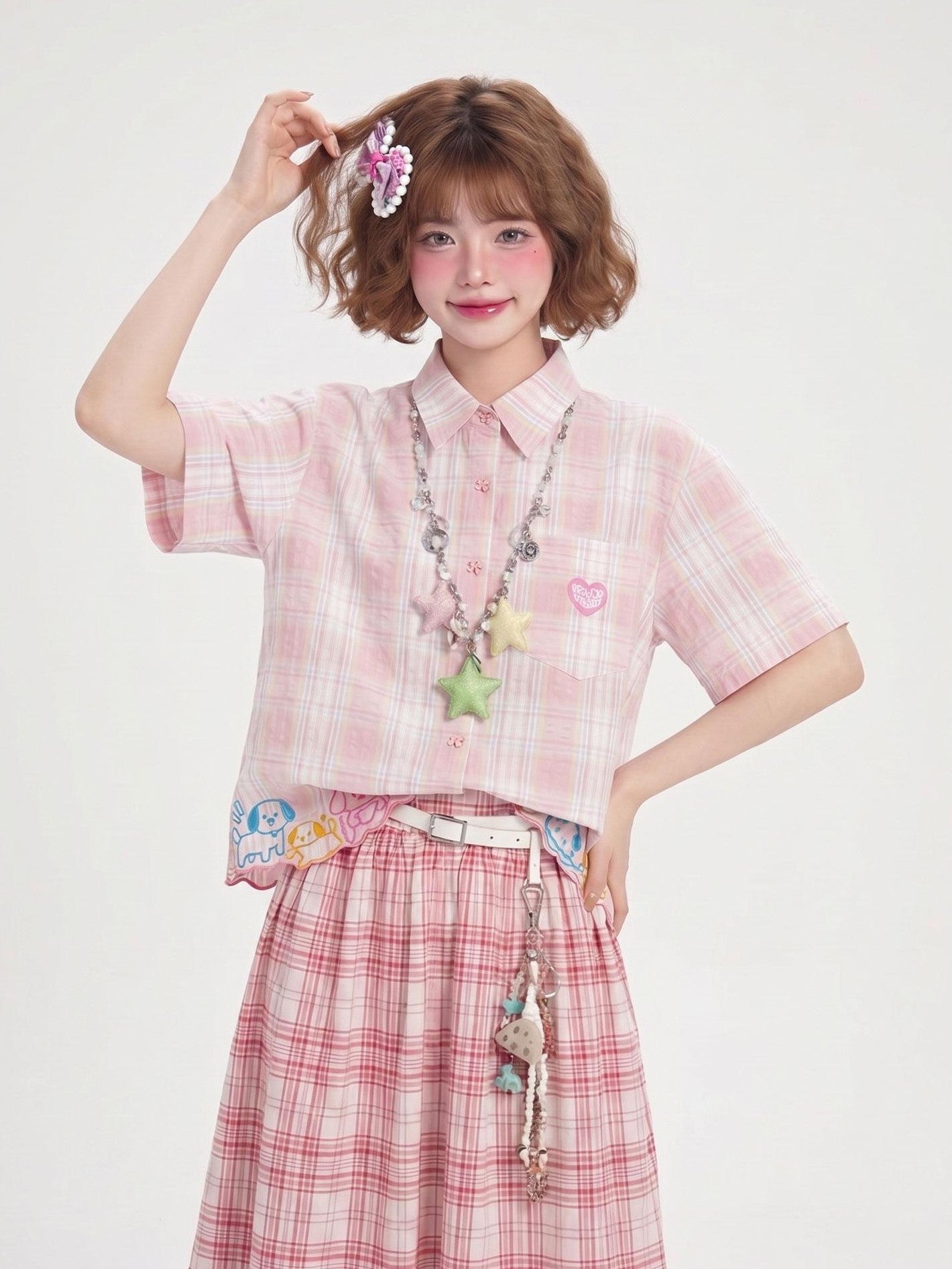 LaceBravo Korean Plaid Embroidered Loose Fit Women's Cotton Short Sleeve T-shirts