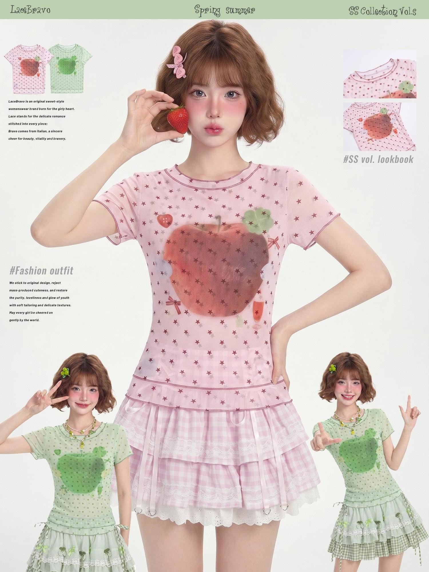 LaceBravo Lace Apple Star Print Short Sleeve Tee Bow Skirt Women's Matching Skirt Sets