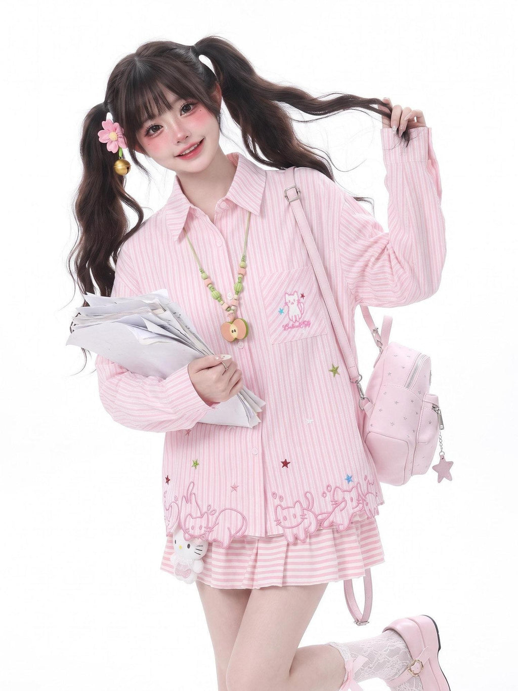 LaceBravo Lace Cat Embroidery Turn Down Collar Long Sleeve Loose Fit Women's Overshirts