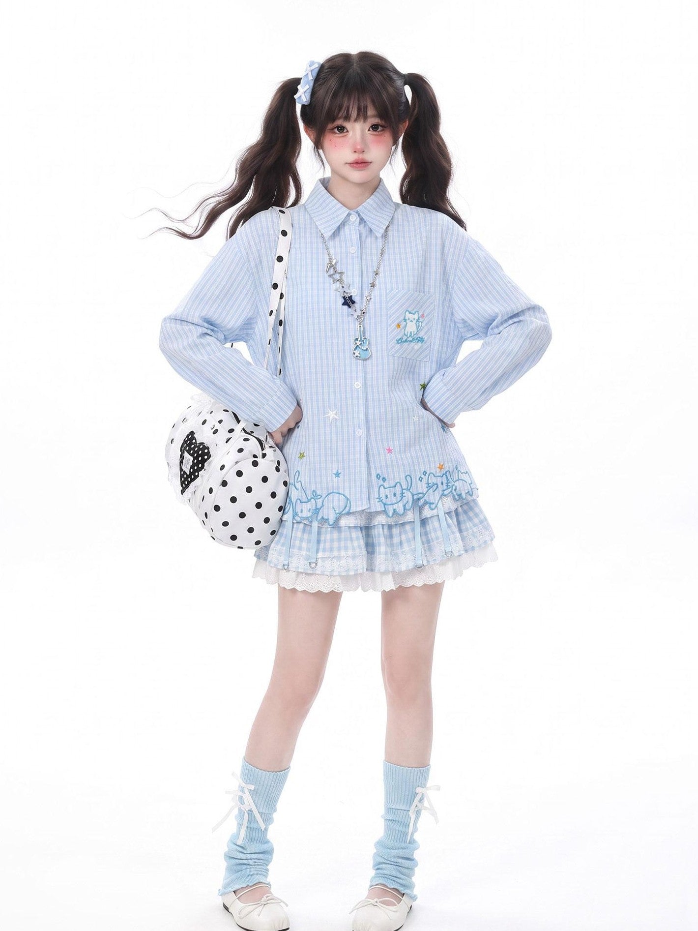 LaceBravo Lace Cat Embroidery Turn Down Collar Long Sleeve Loose Fit Women's Overshirts