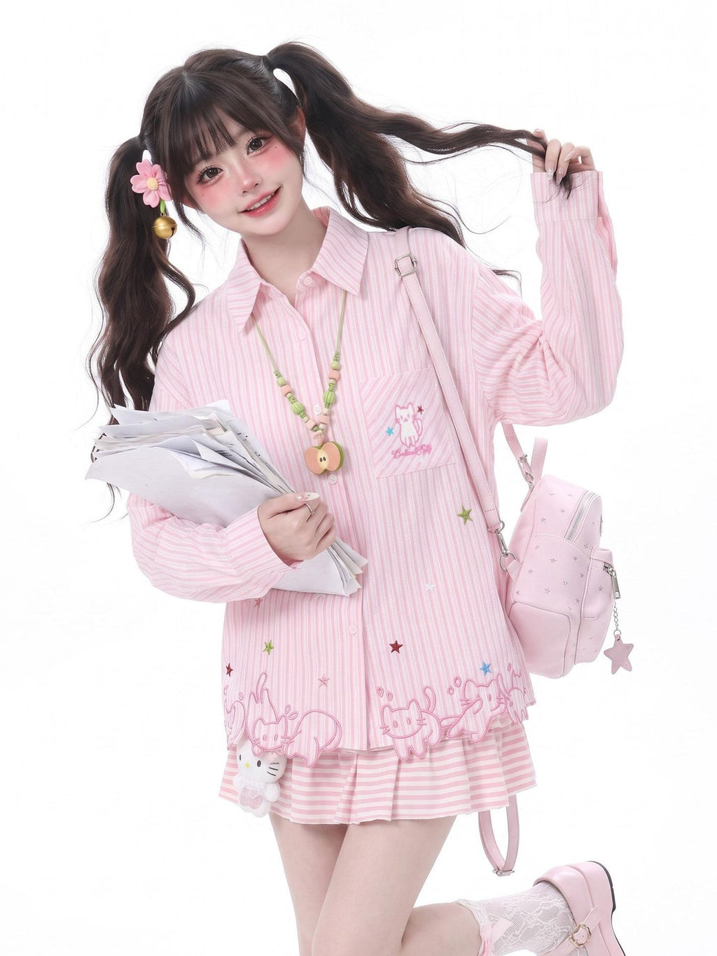 LaceBravo Lace Cat Embroidery Turn Down Collar Long Sleeve Loose Fit Women's Overshirts