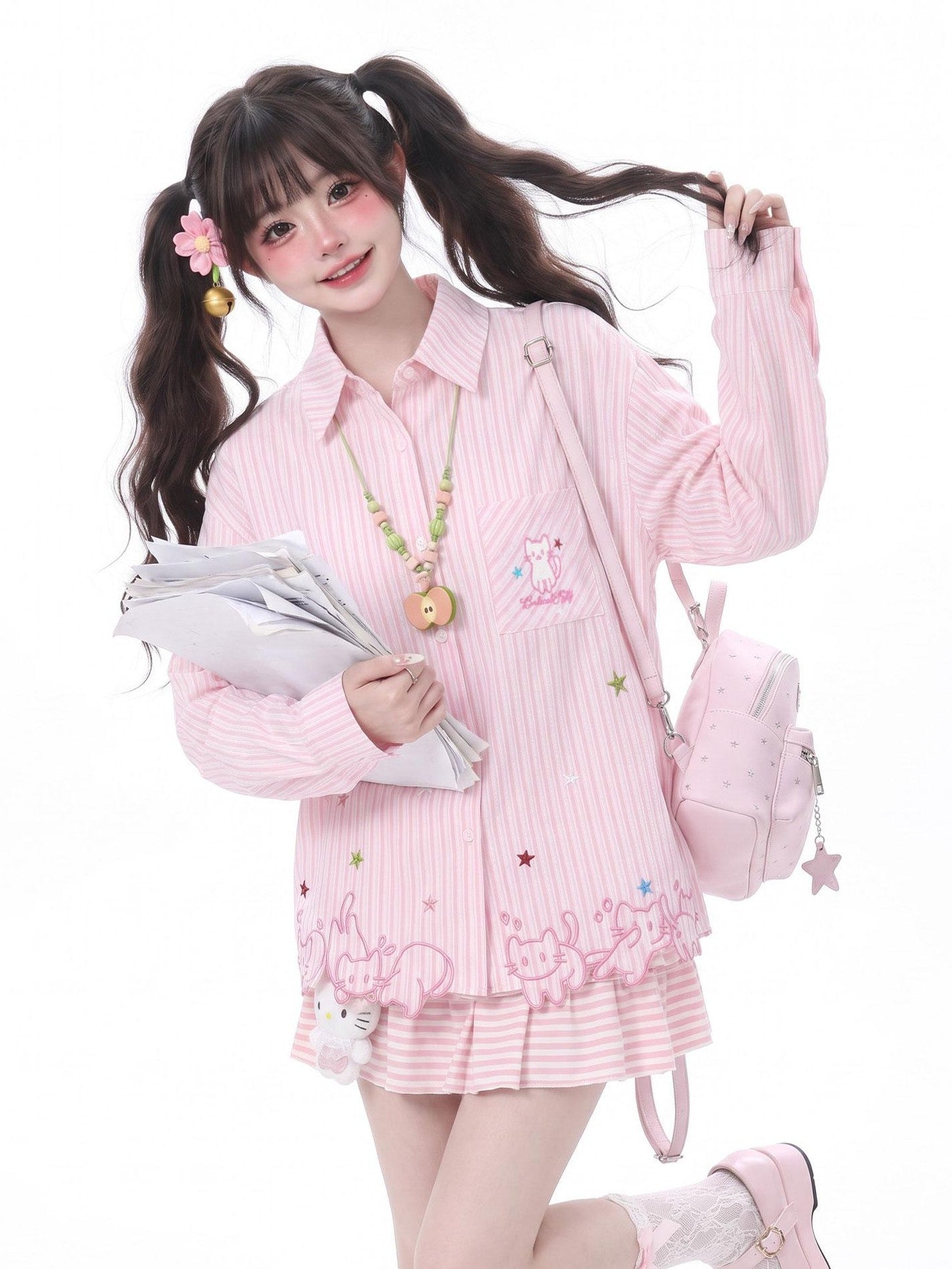 LaceBravo Lace Cat Embroidery Turn Down Collar Long Sleeve Loose Fit Women's Overshirts