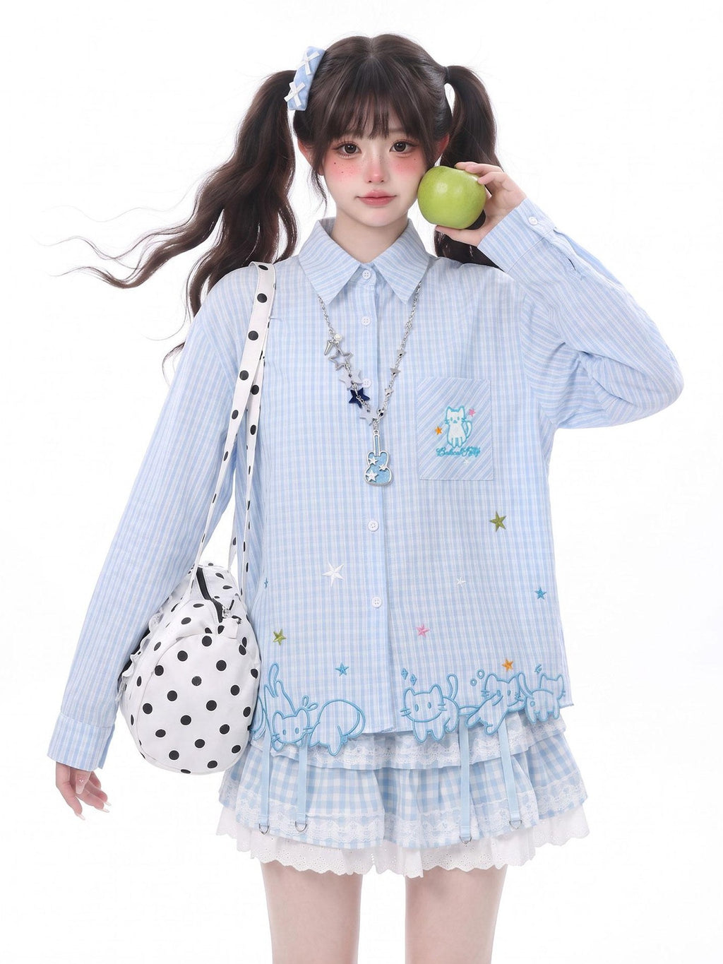 LaceBravo Lace Cat Embroidery Turn Down Collar Long Sleeve Loose Fit Women's Overshirts