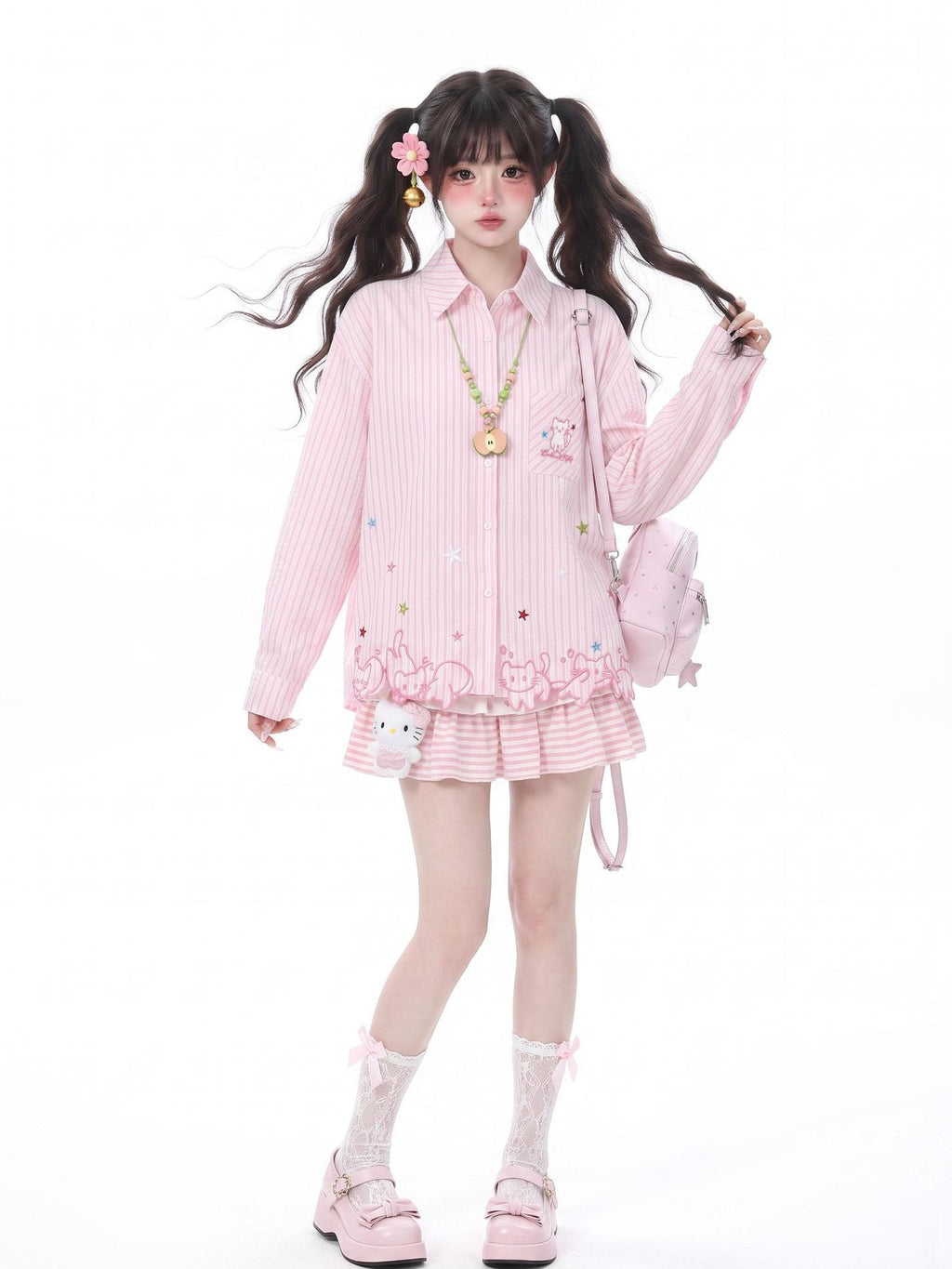 LaceBravo Lace Cat Embroidery Turn Down Collar Long Sleeve Loose Fit Women's Overshirts