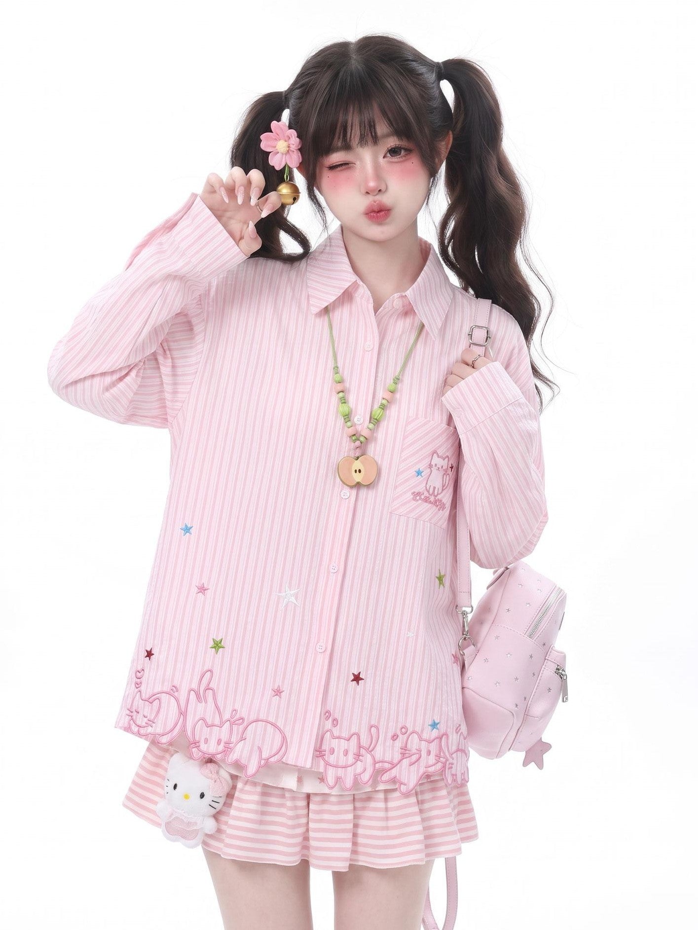 LaceBravo Lace Cat Embroidery Turn Down Collar Long Sleeve Loose Fit Women's Overshirts