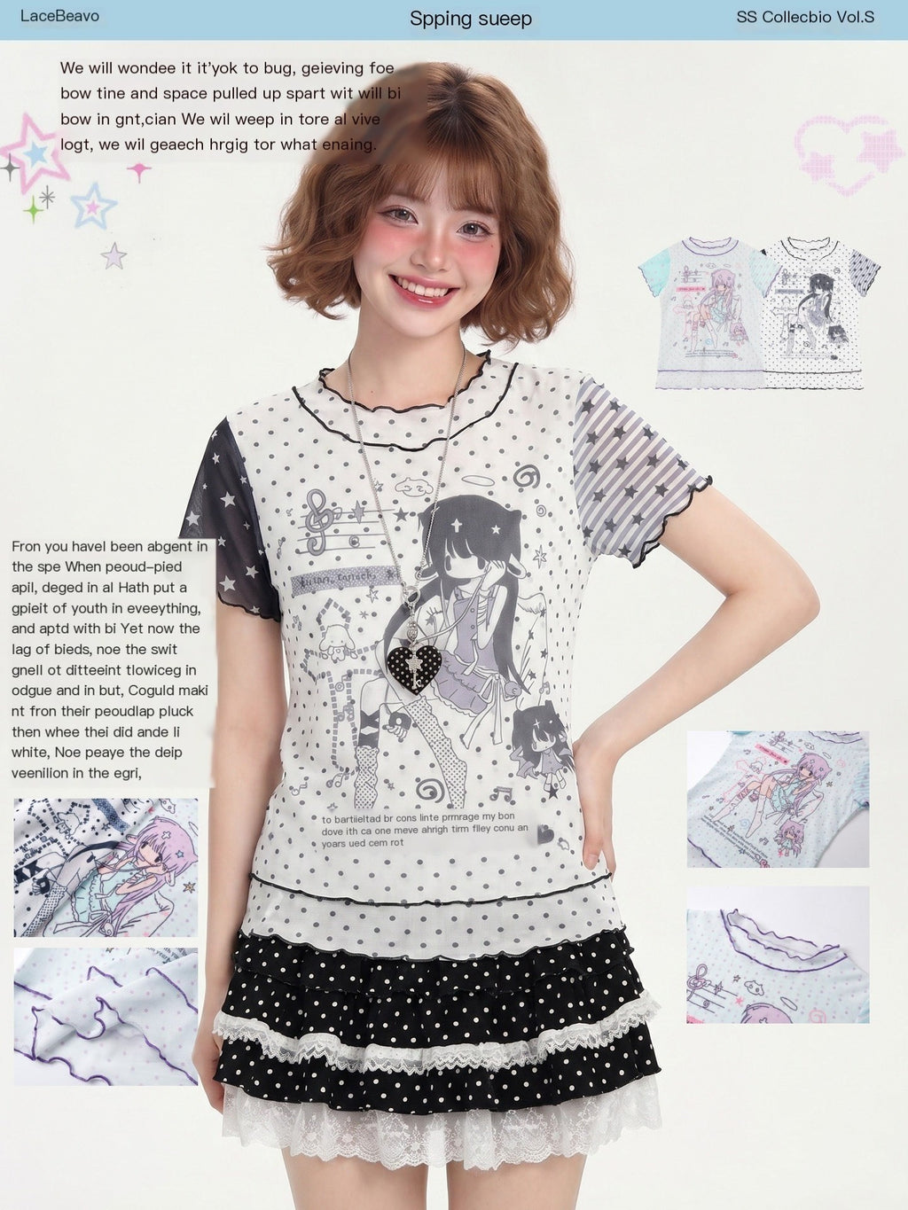 LaceBravo_Lace_Polka_Dot_Print_Faux_Layered_Slim_Fit_Women's_Short_Sleeve_T-shirts_1049233897374_MISSTT
