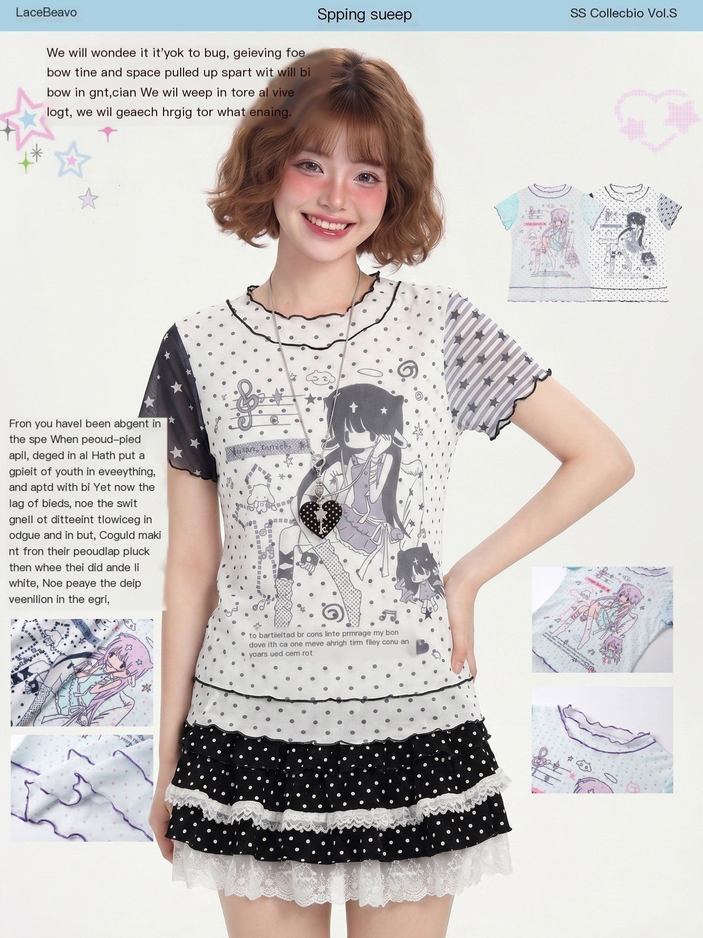 LaceBravo_Lace_Polka_Dot_Print_Faux_Layered_Slim_Fit_Women's_Short_Sleeve_T-shirts_1049233897374_MISSTT