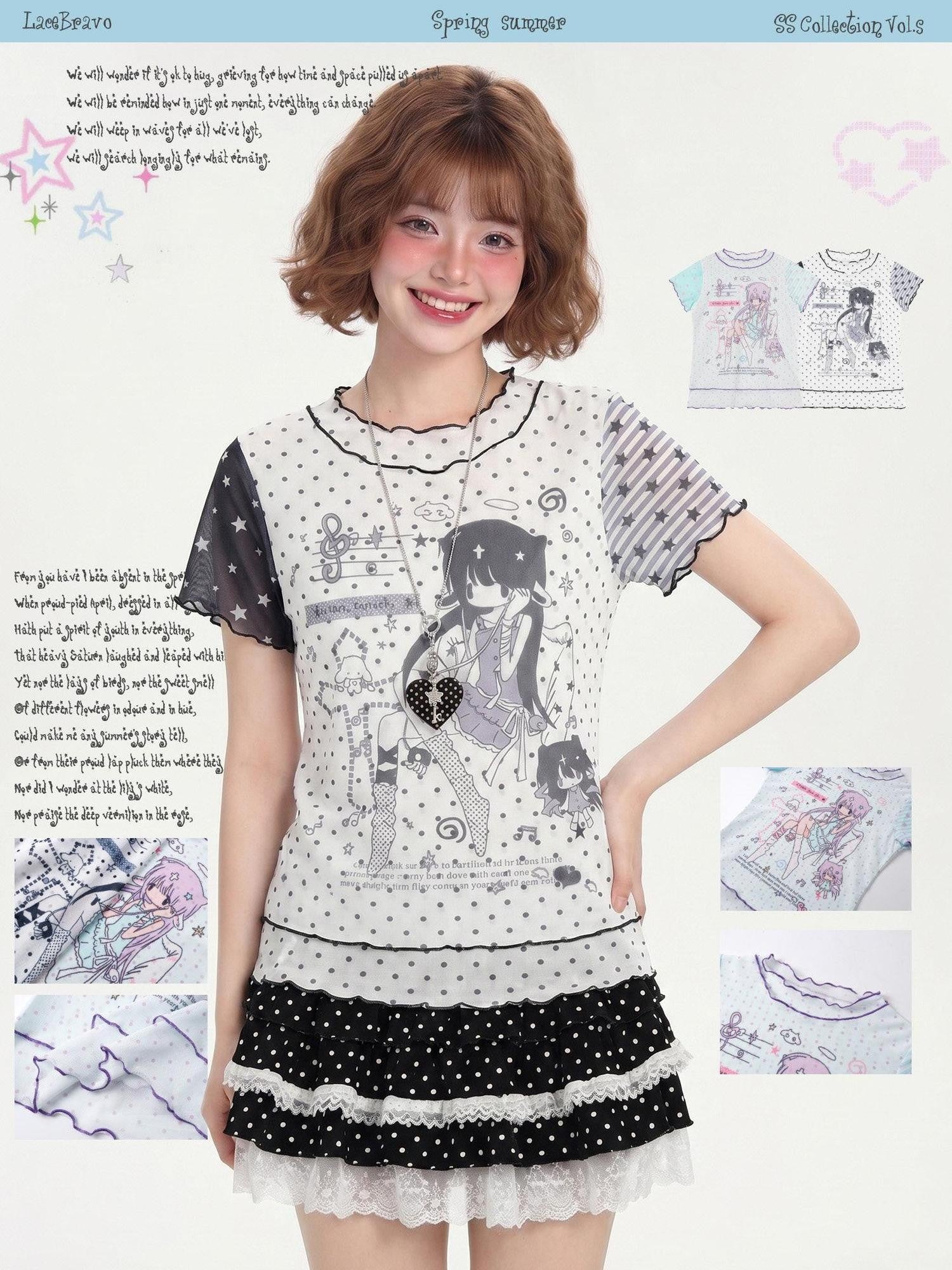 LaceBravo Lace Polka Dot Print Faux Layered Slim Fit Women's Short Sleeve T-shirts