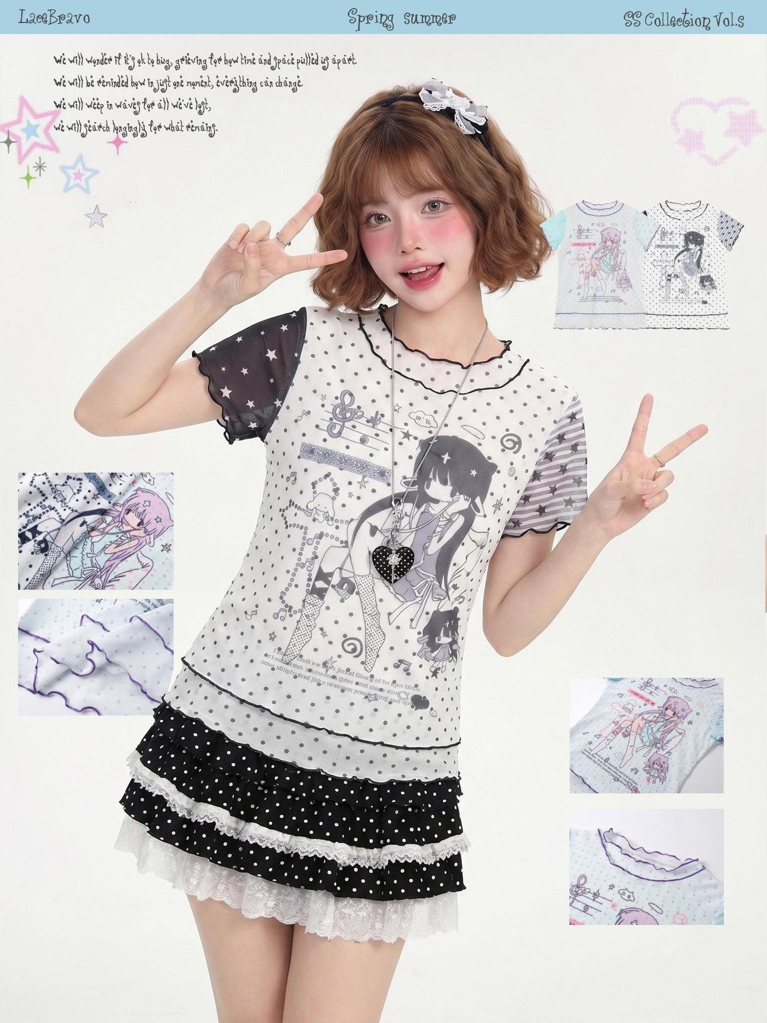 LaceBravo Lace Polka Dot Print Faux Layered Slim Fit Women's Short Sleeve T-shirts