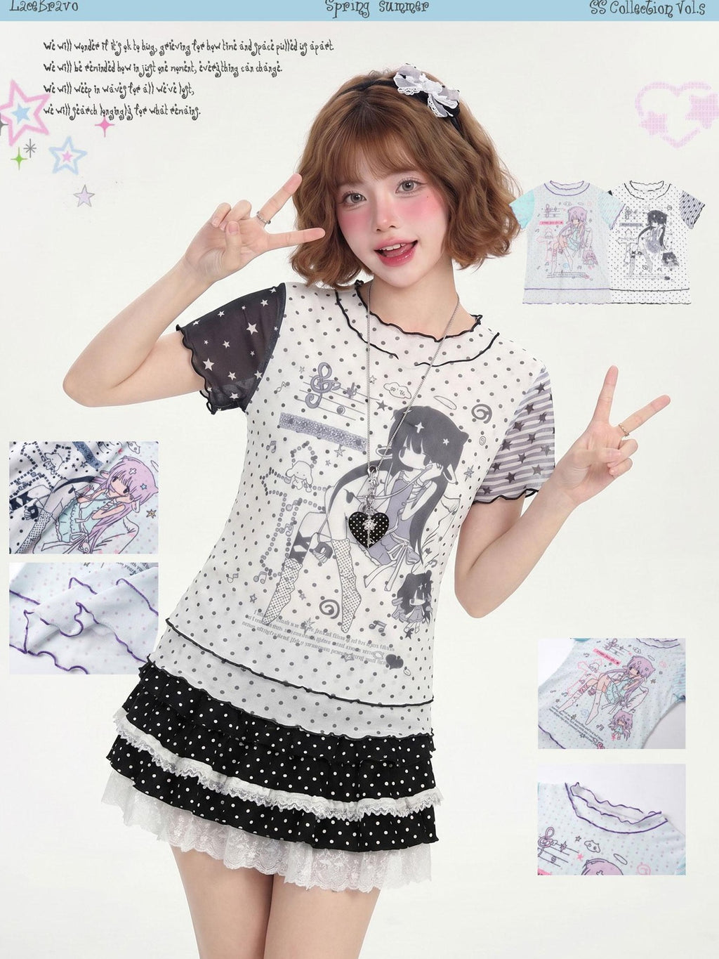 LaceBravo Lace Polka Dot Print Faux Layered Slim Fit Women's Short Sleeve T-shirts