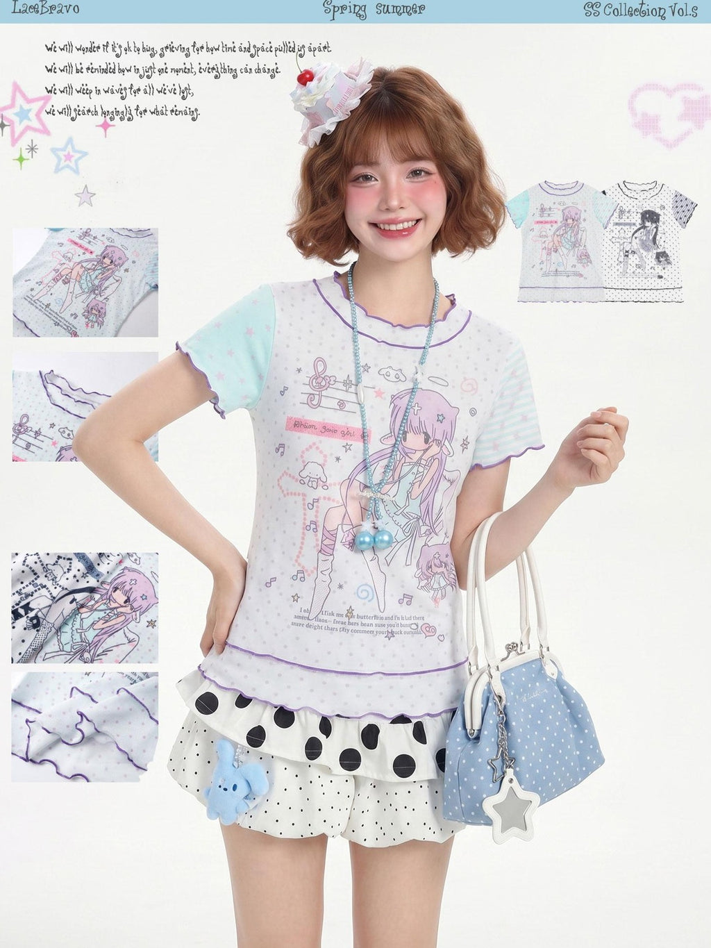 LaceBravo Lace Polka Dot Print Faux Layered Slim Fit Women's Short Sleeve T-shirts