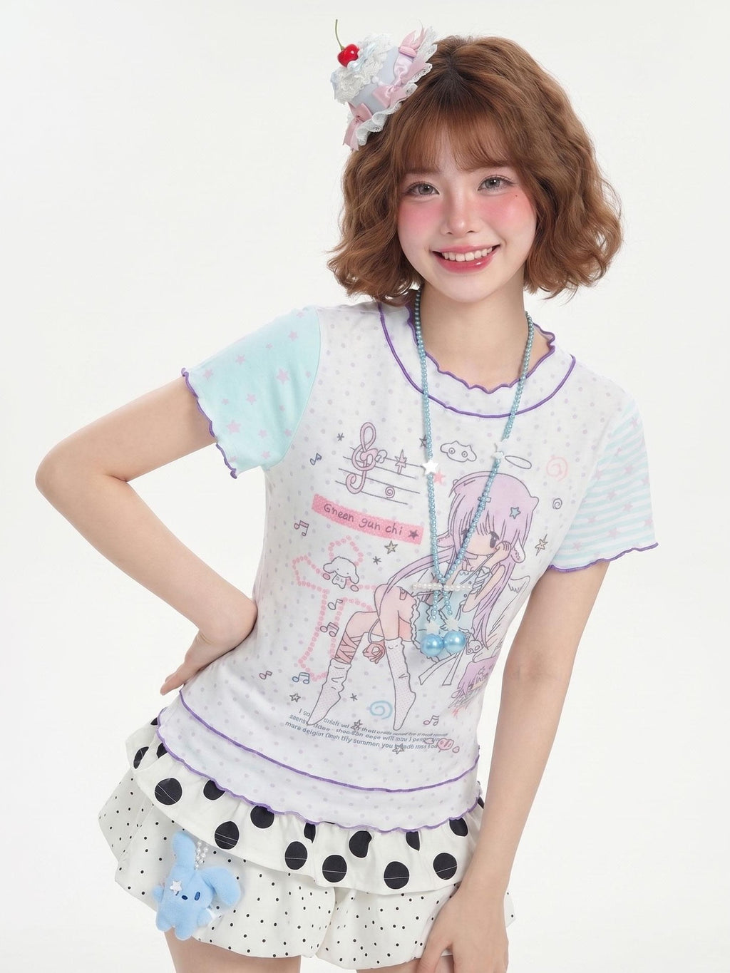 LaceBravo Lace Polka Dot Print Faux Layered Slim Fit Women's Short Sleeve T-shirts
