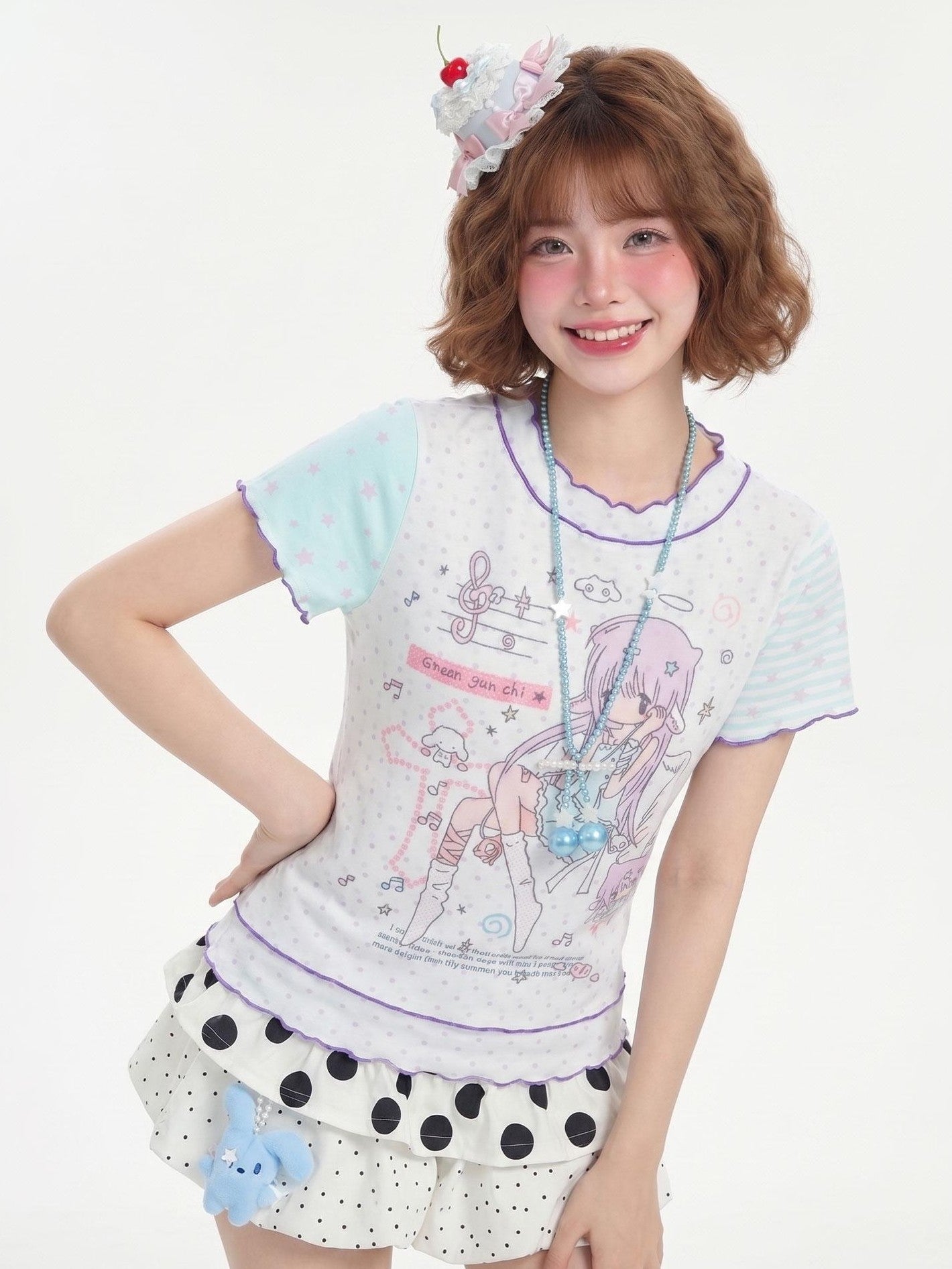 LaceBravo Lace Polka Dot Print Faux Layered Slim Fit Women's Short Sleeve T-shirts