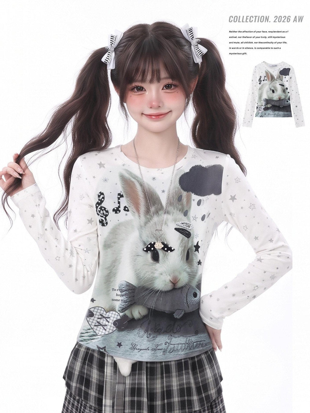 LaceBravo Lace Rabbit Star And Note Print Slim Fit Women's Long Sleeve T-shirts