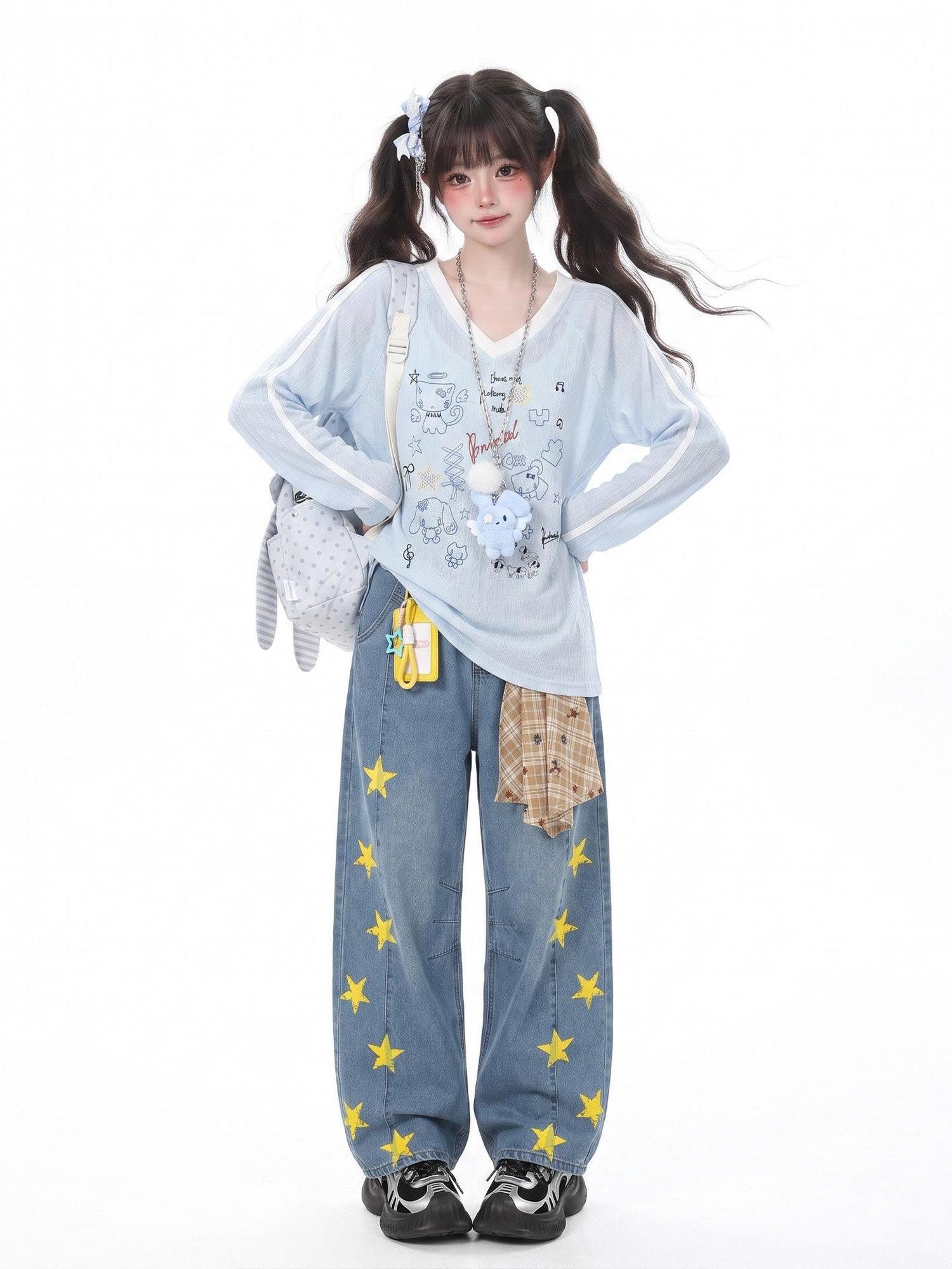 LaceBravo Lace Trim Y2k Cartoon Print Pearl Embellished Women's Long Sleeve T-shirts