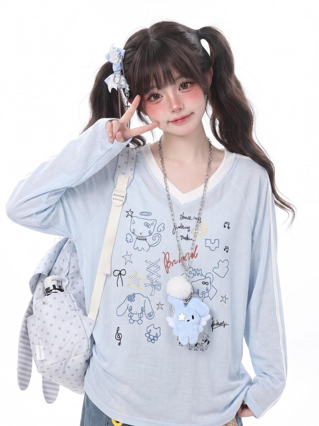 LaceBravo Lace Trim Y2k Cartoon Print Pearl Embellished Women's Long Sleeve T-shirts