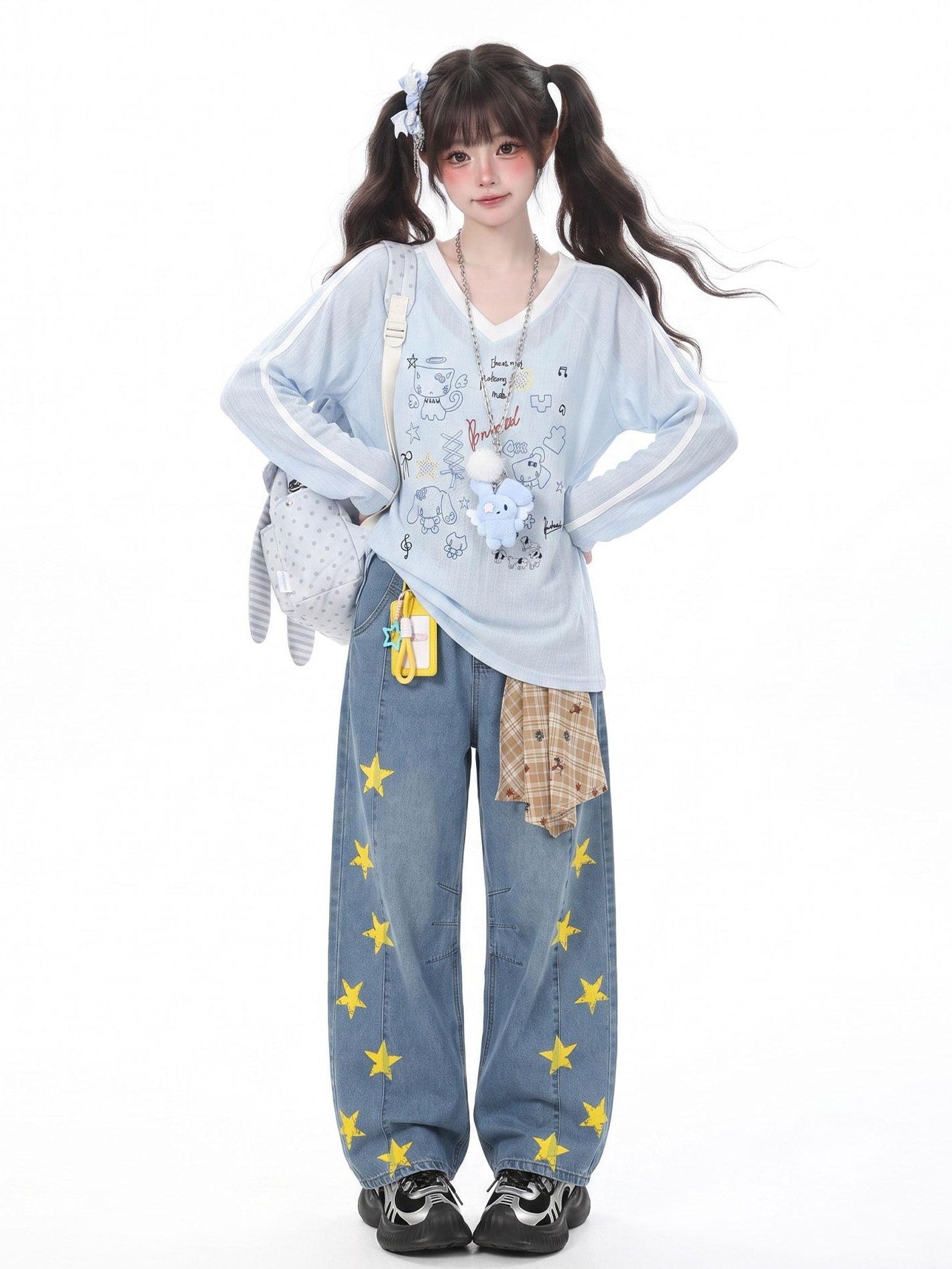 LaceBravo Lace Trim Y2k Cartoon Print Pearl Embellished Women's Long Sleeve T-shirts