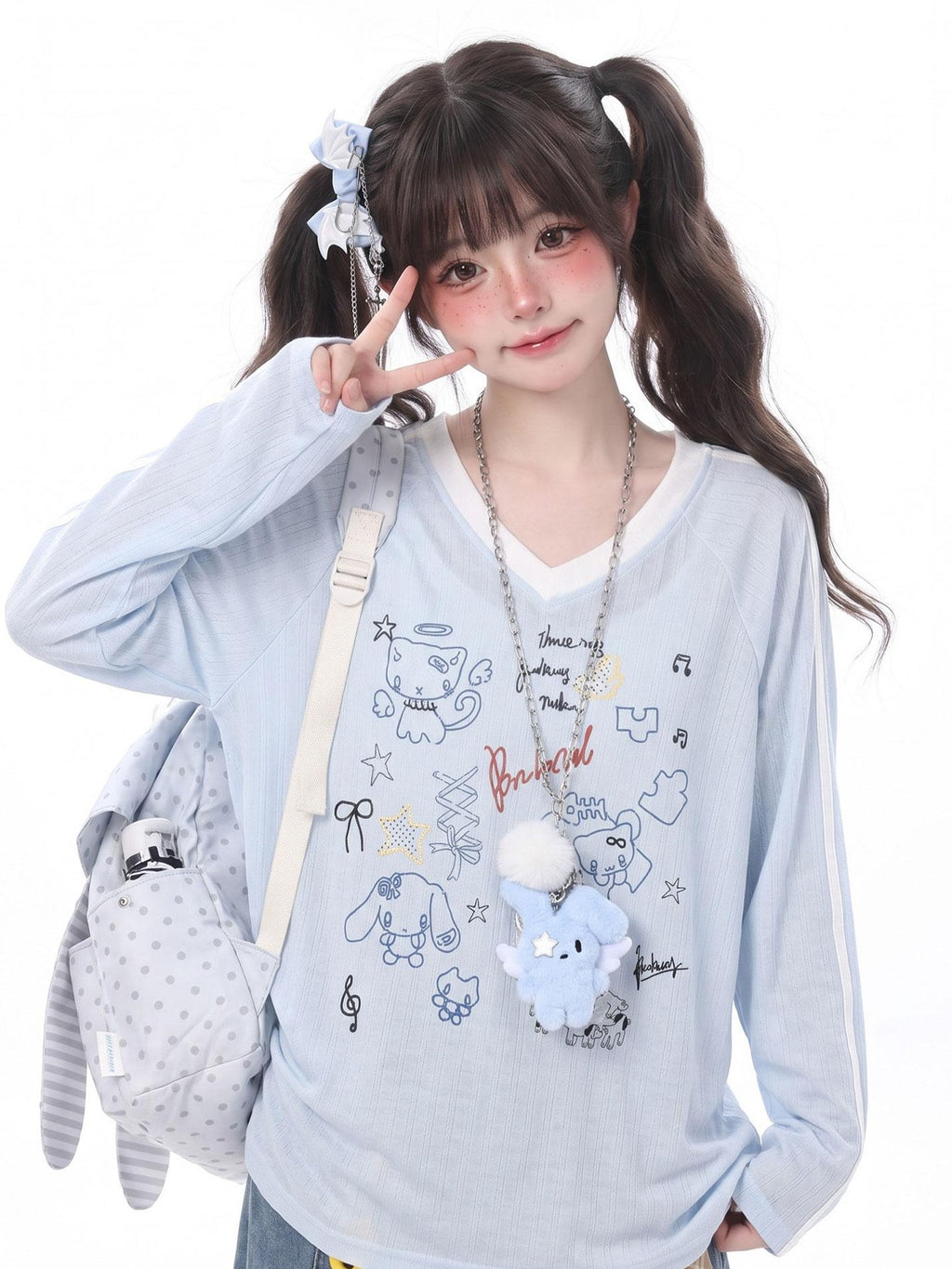 LaceBravo Lace Trim Y2k Cartoon Print Pearl Embellished Women's Long Sleeve T-shirts