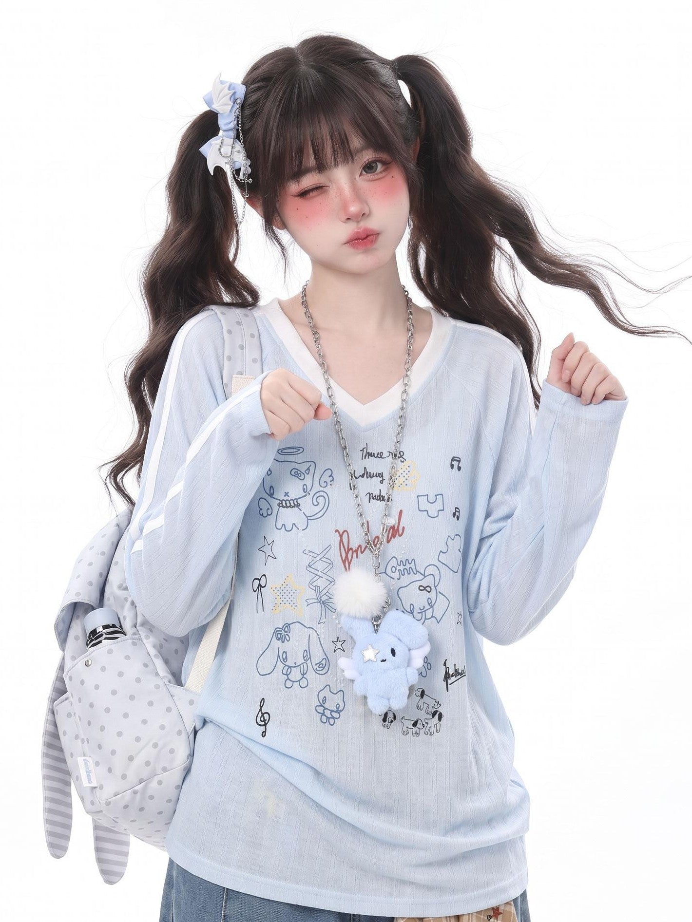 LaceBravo Lace Trim Y2k Cartoon Print Pearl Embellished Women's Long Sleeve T-shirts