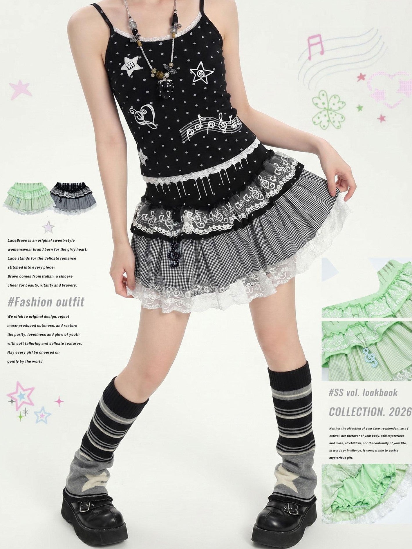 LaceBravo Mini Embroidered Lace Short Ruffle Charm Women's Tiered Skirts