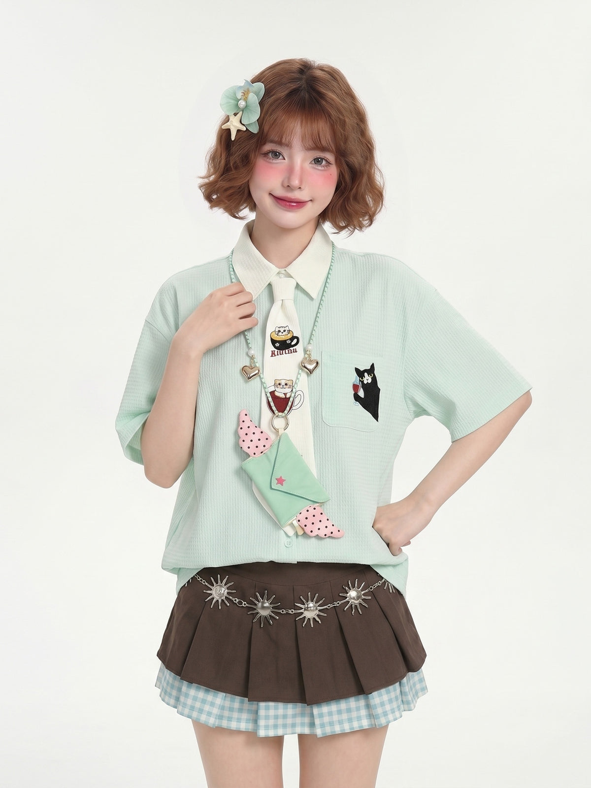 LaceBravo_Mint_Green_Cat_Embroidery_Short_Sleeve_Preppy_Loose_Color_Block_Women's_Polyester_Blouses_1045313743739_MISSTT