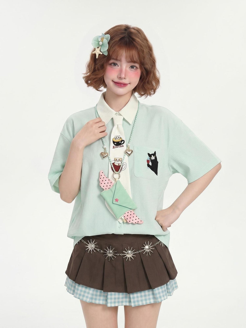 LaceBravo Mint Green Cat Embroidery Short Sleeve Preppy Loose Color Block Women's Polyester Blouses