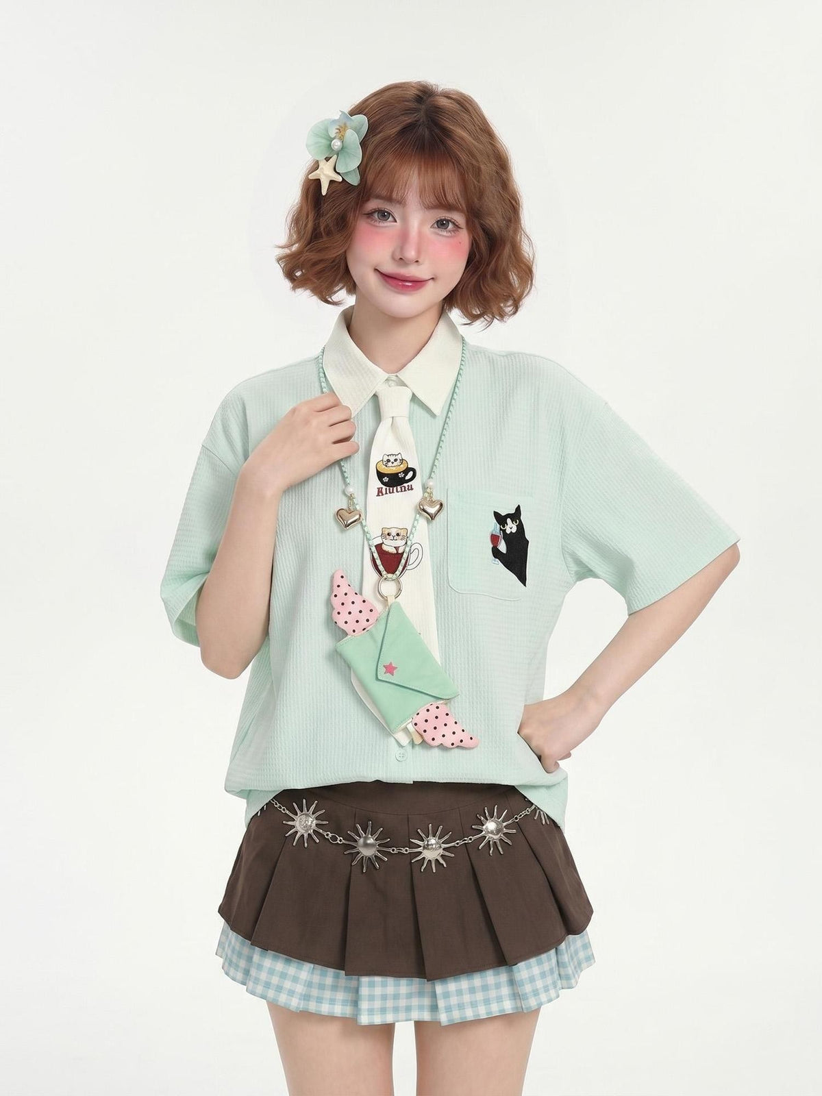 LaceBravo Mint Green Cat Embroidery Short Sleeve Preppy Loose Color Block Women's Polyester Blouses