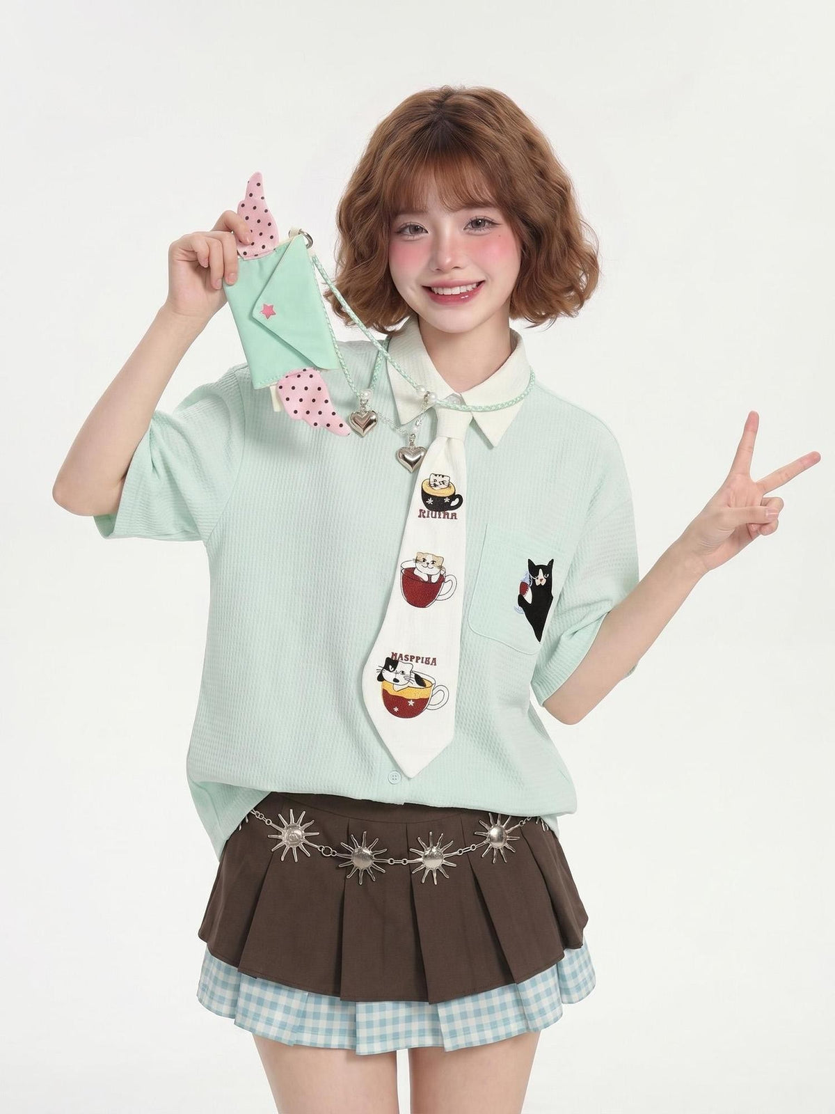 LaceBravo Mint Green Cat Embroidery Short Sleeve Preppy Loose Color Block Women's Polyester Blouses