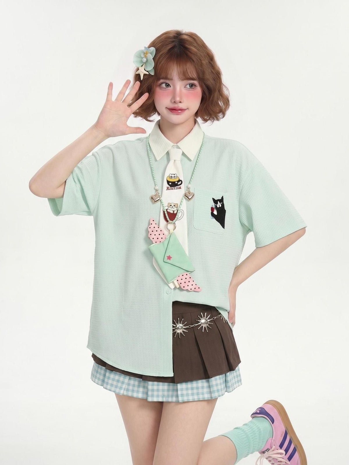 LaceBravo Mint Green Cat Embroidery Short Sleeve Preppy Loose Color Block Women's Polyester Blouses