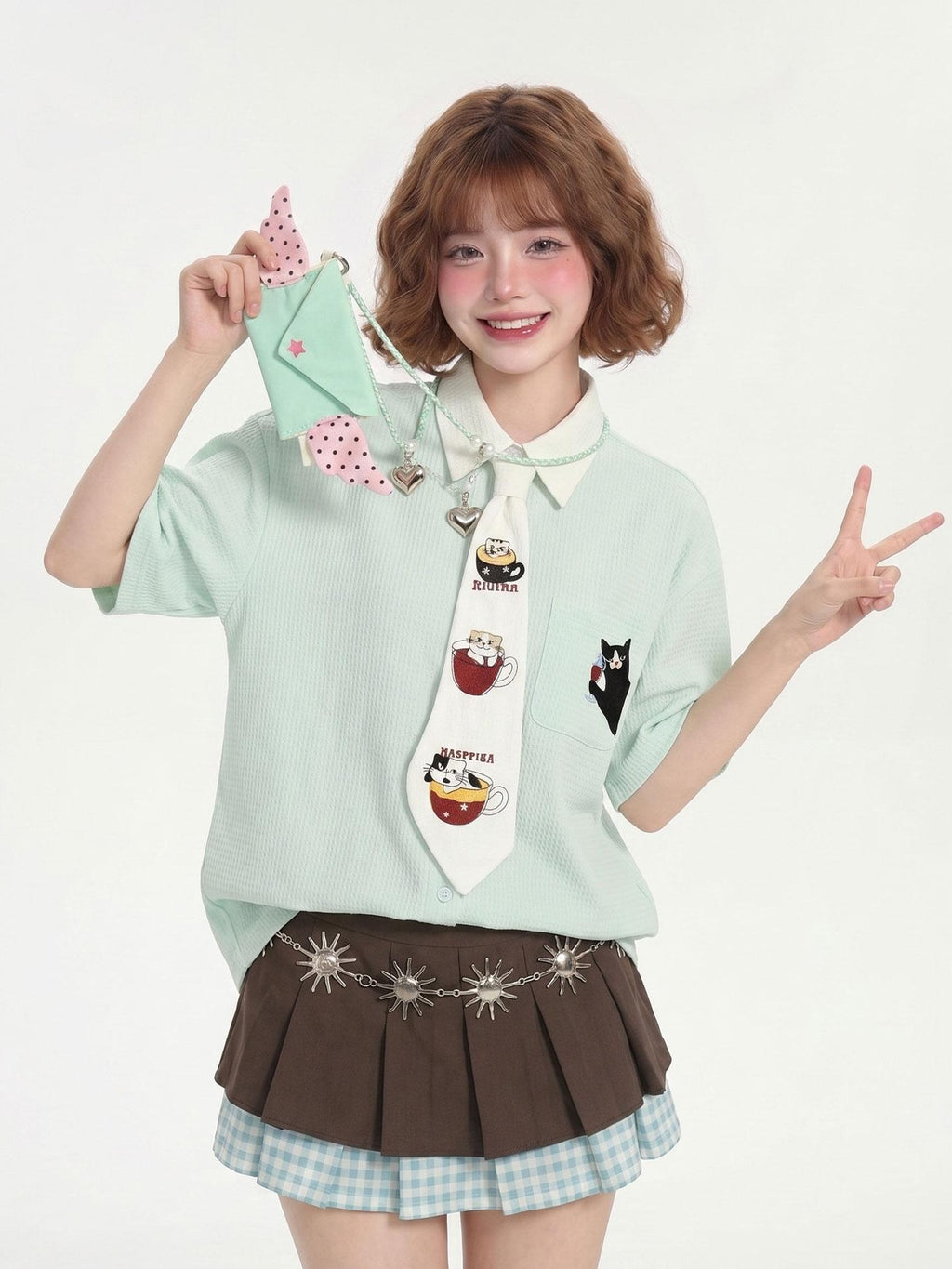 LaceBravo Mint Green Cat Embroidery Short Sleeve Preppy Loose Color Block Women's Polyester Blouses