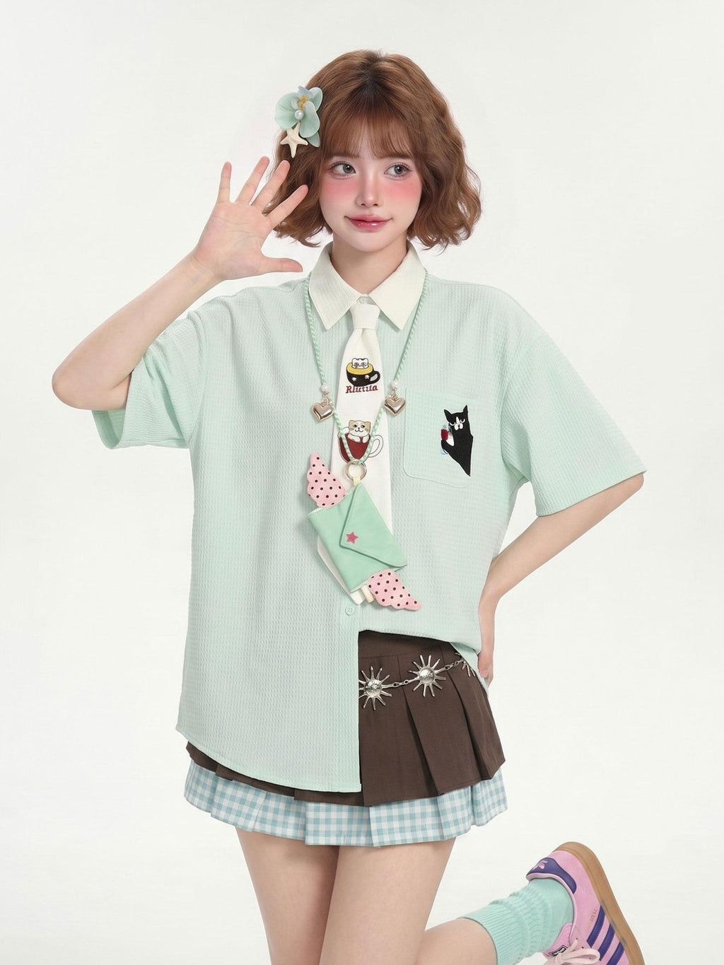 LaceBravo Mint Green Cat Embroidery Short Sleeve Preppy Loose Color Block Women's Polyester Blouses