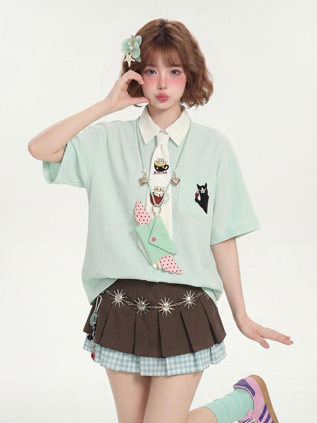 LaceBravo Mint Green Cat Embroidery Short Sleeve Preppy Loose Color Block Women's Polyester Blouses