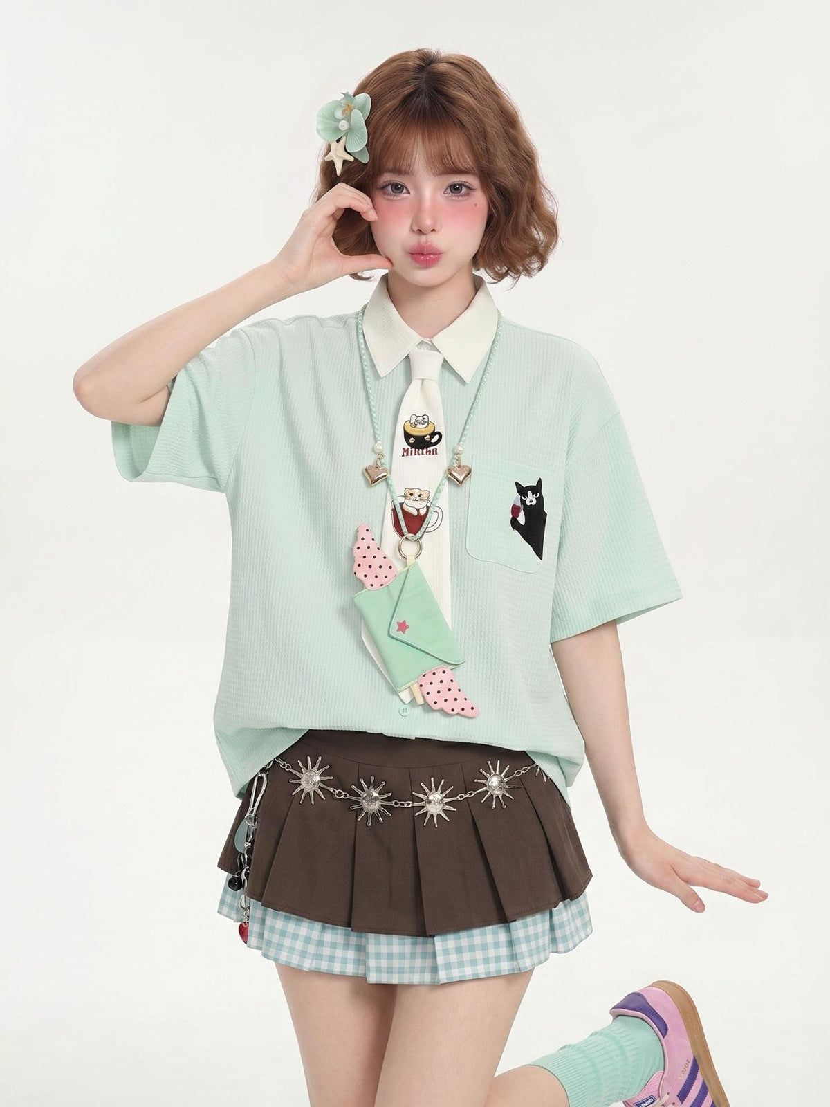LaceBravo Mint Green Cat Embroidery Short Sleeve Preppy Loose Color Block Women's Polyester Blouses