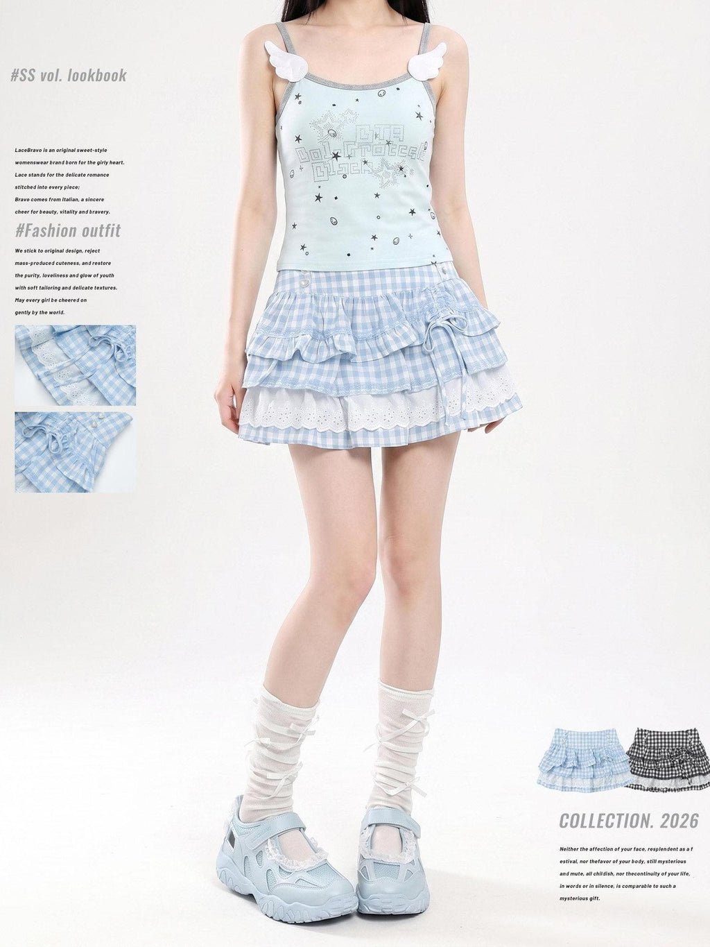 LaceBravo Plaid Beaded Bow High Waist Aline Women's Lace Tiered Skirts