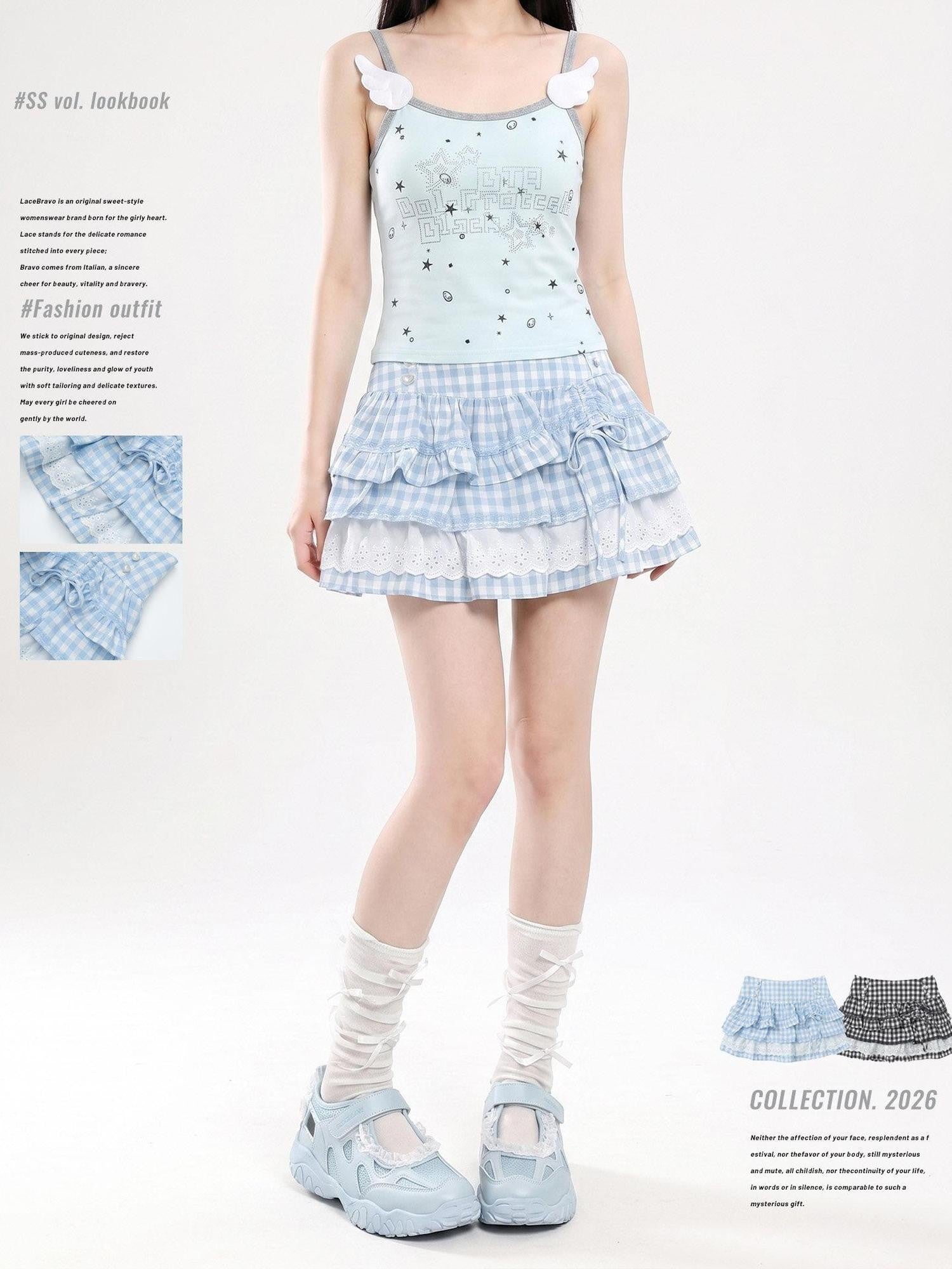 LaceBravo Plaid Beaded Bow High Waist Aline Women's Lace Tiered Skirts