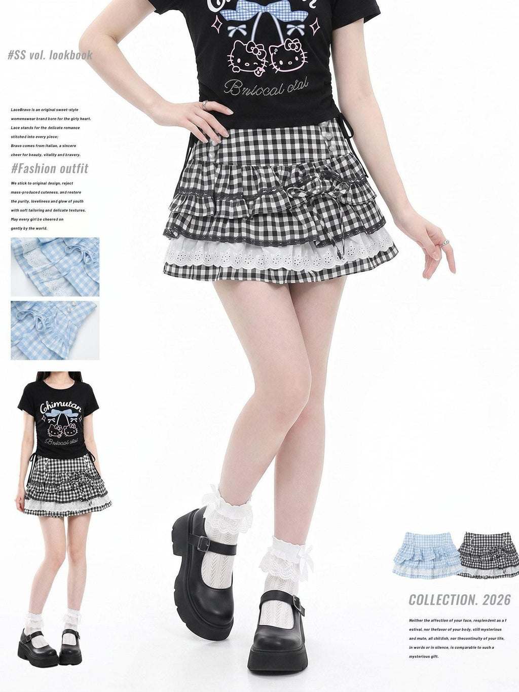 LaceBravo Plaid Beaded Bow High Waist Aline Women's Lace Tiered Skirts