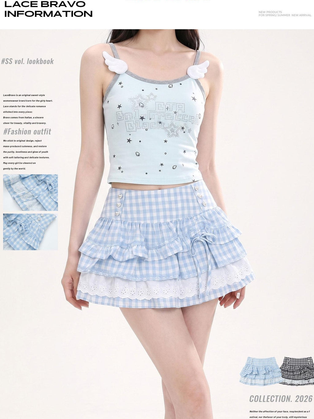 LaceBravo Plaid Beaded Bow High Waist Aline Women's Lace Tiered Skirts