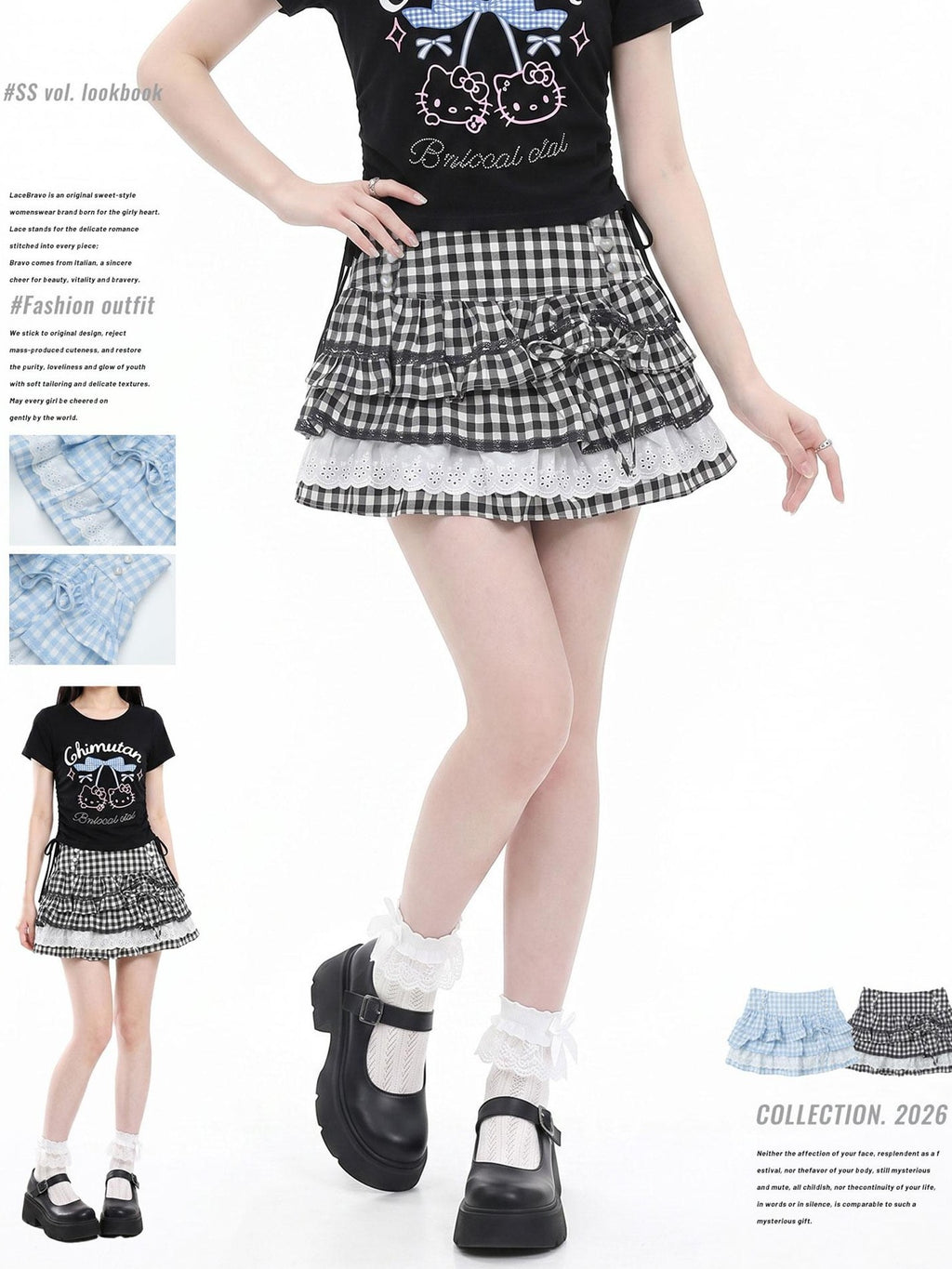 LaceBravo Plaid Beaded Bow High Waist Aline Women's Lace Tiered Skirts