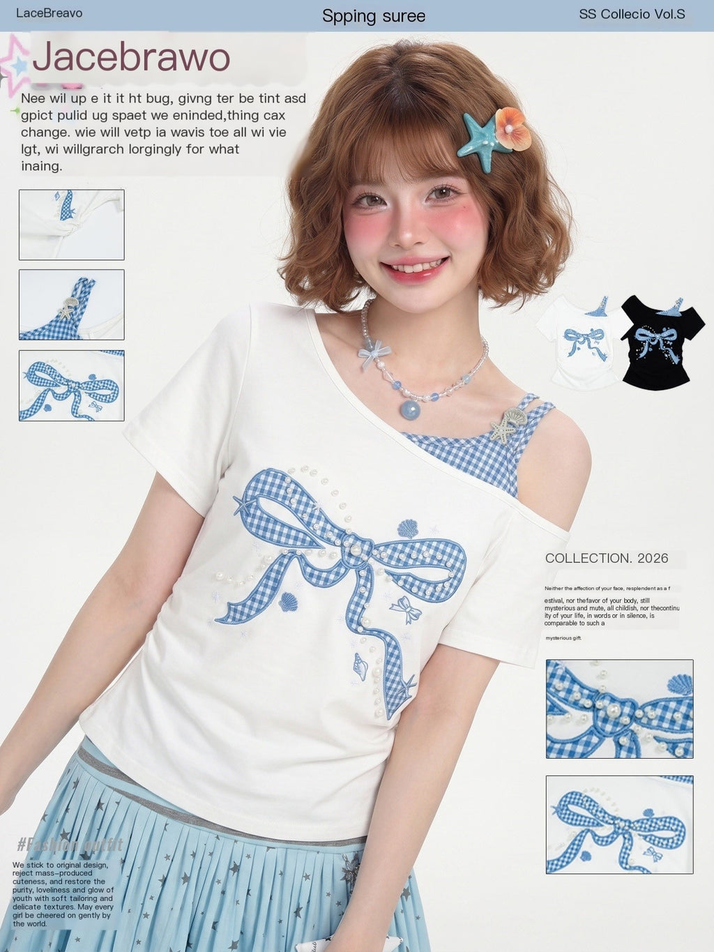 LaceBravo_Plaid_Bow_Embroidered_Beaded_Women's_Faux_Layered_Off-shoulder_T-shirts_1048716267291_MISSTT