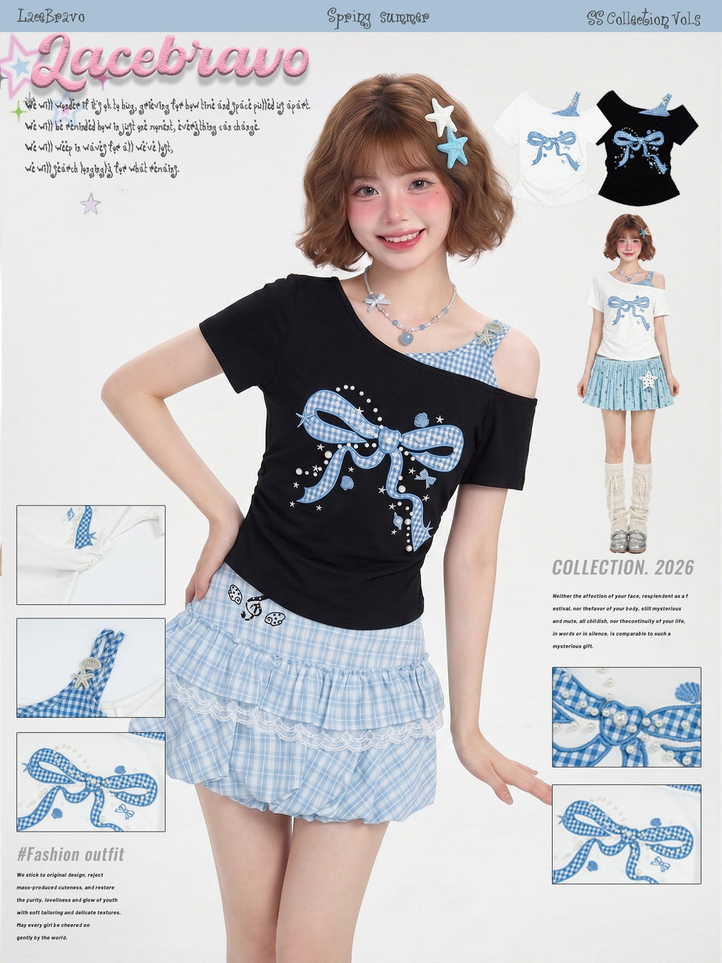 LaceBravo_Plaid_Bow_Embroidered_Beaded_Women's_Faux_Layered_Off-shoulder_T-shirts_1048716267291_MISSTT