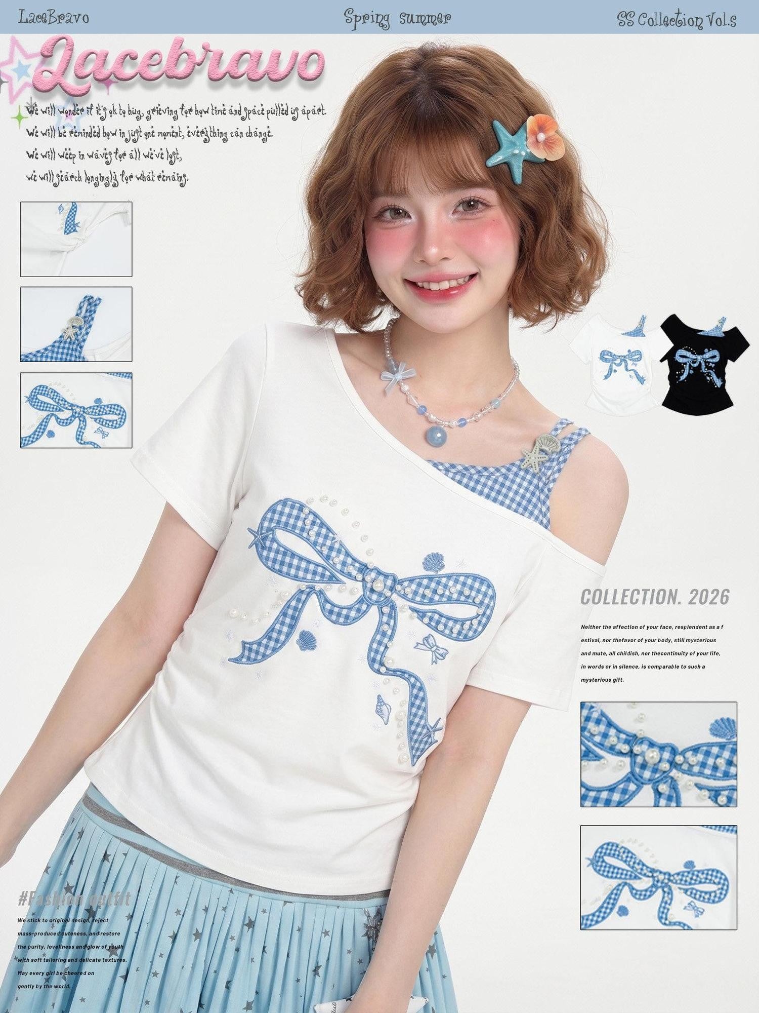 LaceBravo Plaid Bow Embroidered Beaded Women's Faux Layered Off-shoulder T-shirts