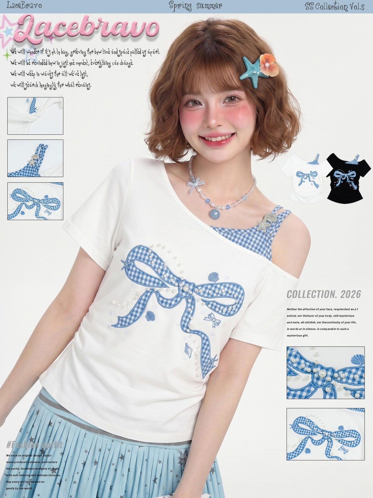 LaceBravo Plaid Bow Embroidered Beaded Women's Faux Layered Off-shoulder T-shirts